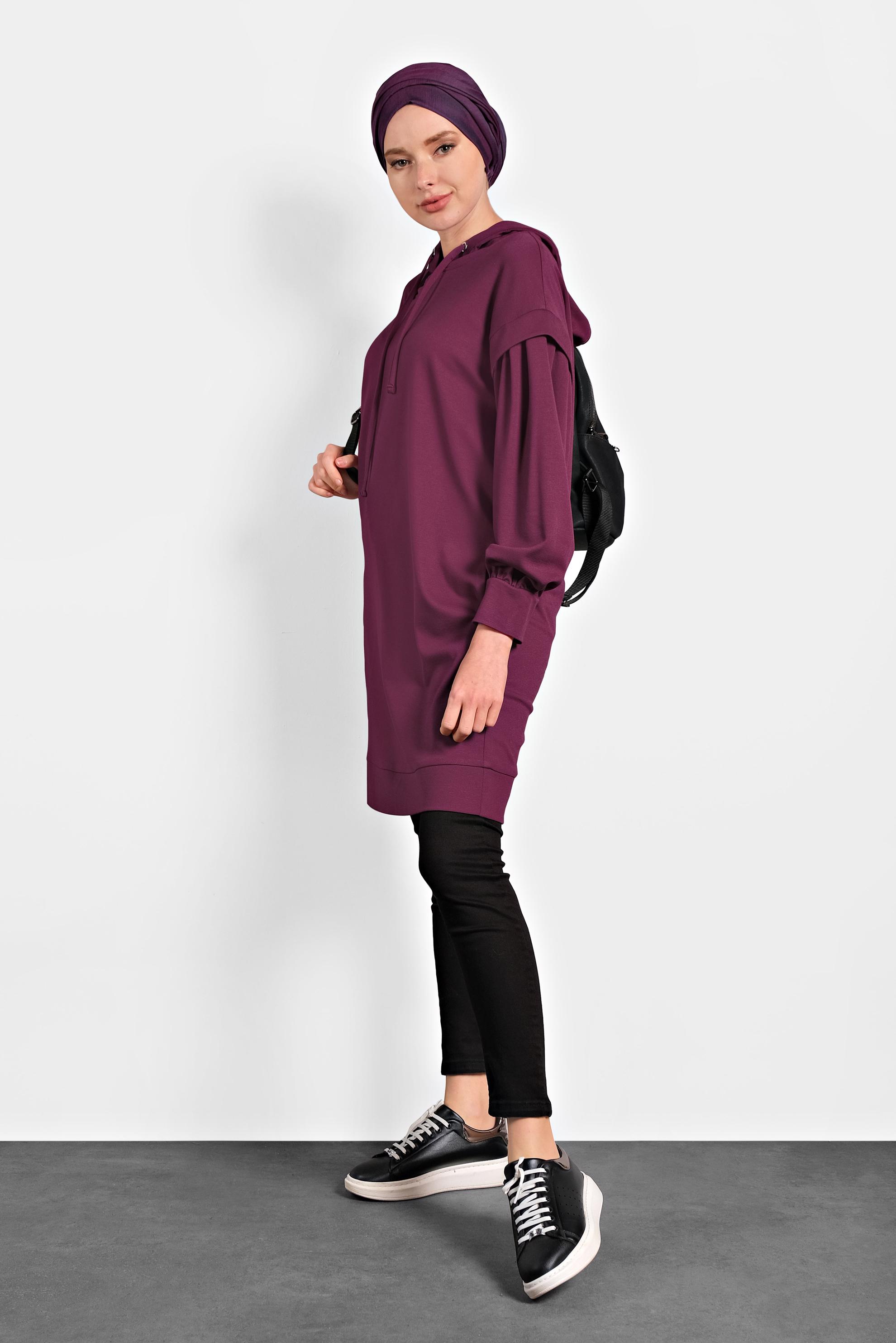 Tesettür giyim MOR KAPÜŞONLU TUNİK 40408