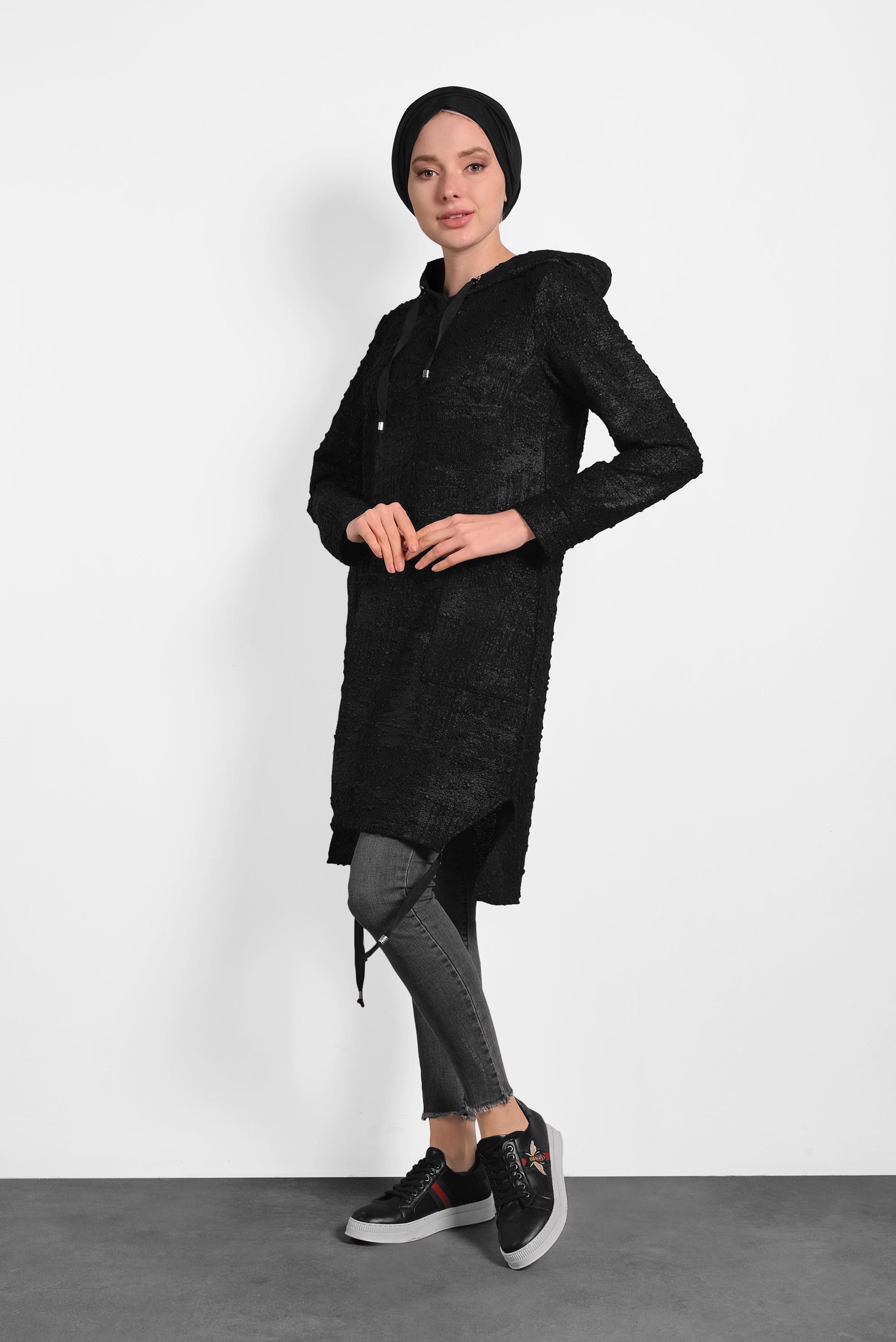 Tesettür giyim SİYAH ETEK UCU BÜZGÜLÜ TUNİK 40409