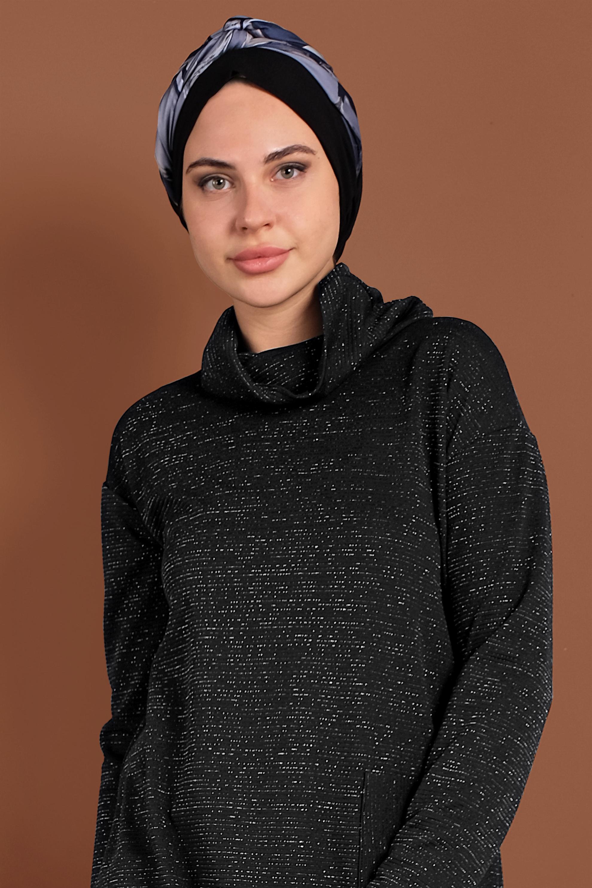 Tesettür giyim SİYAH ASİMETRİK KESİM SİMLİ TUNİK 40413 