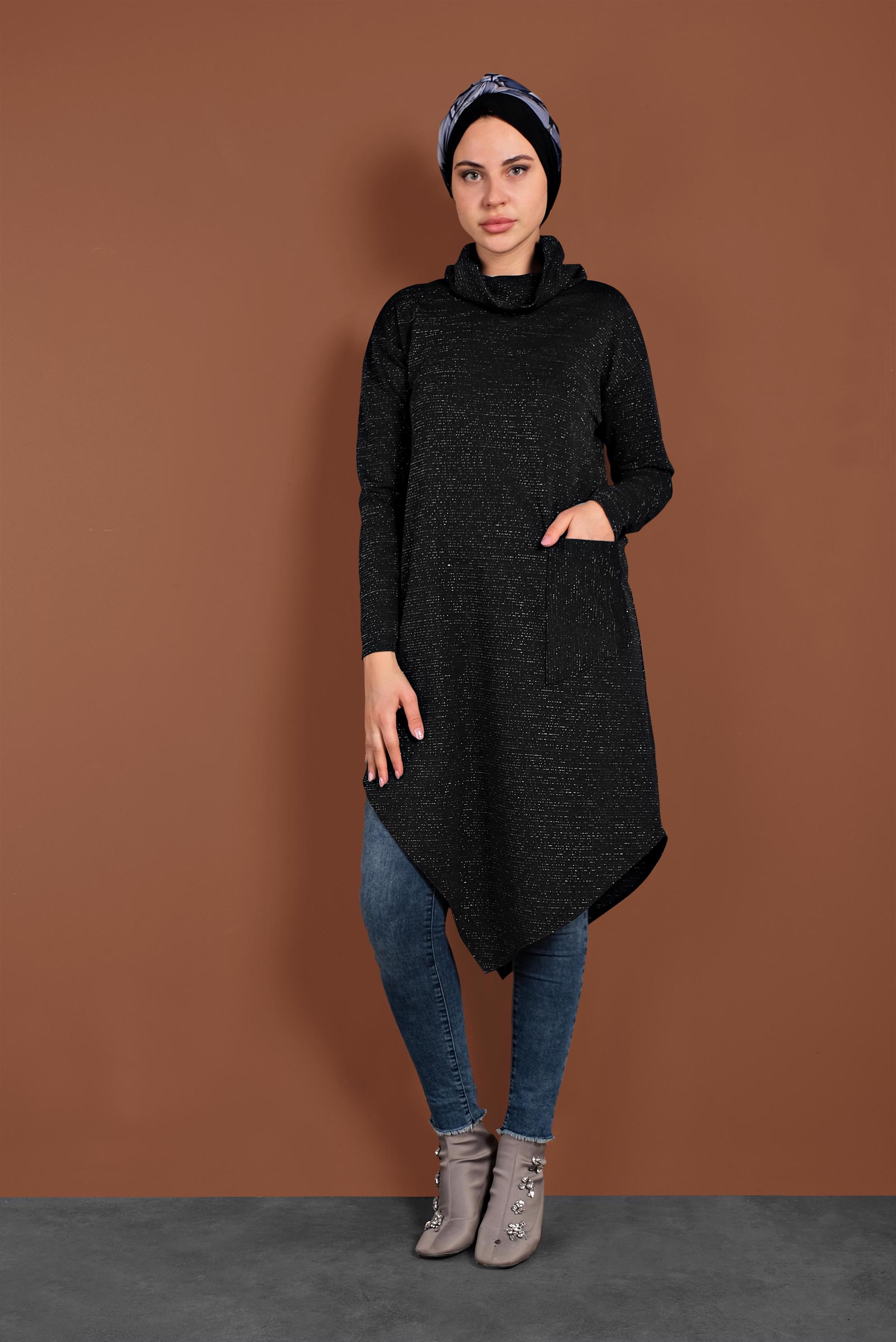 Tesettür giyim SİYAH ASİMETRİK KESİM SİMLİ TUNİK 40413 