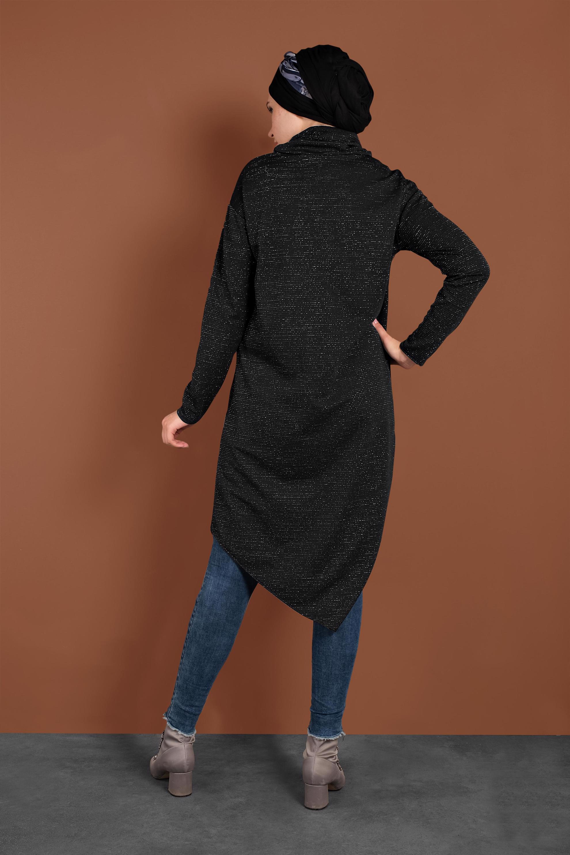 Tesettür giyim SİYAH ASİMETRİK KESİM SİMLİ TUNİK 40413 