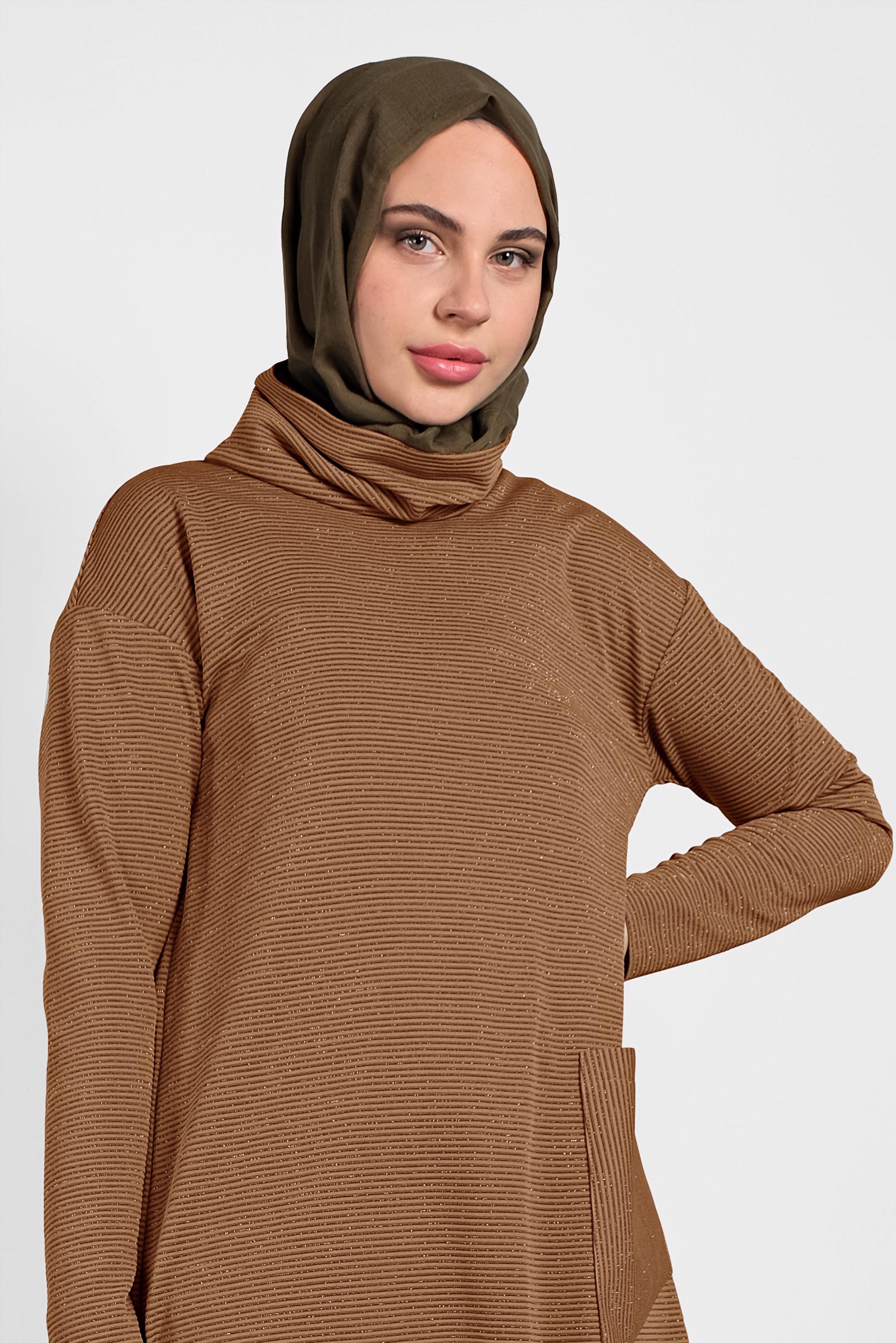 Tesettür giyim KAHVE ASİMETRİK KESİM SİMLİ TUNİK 40413 