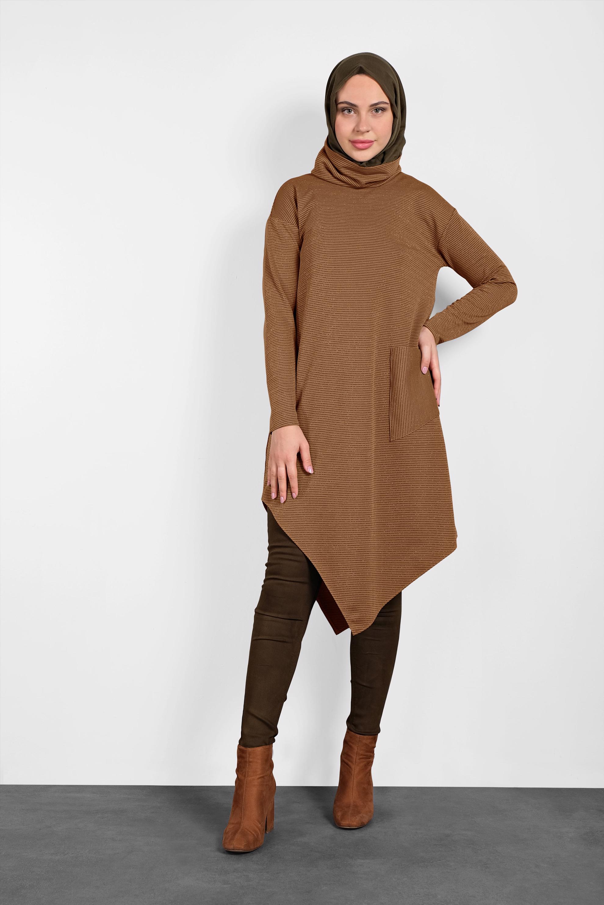 Tesettür giyim KAHVE ASİMETRİK KESİM SİMLİ TUNİK 40413 