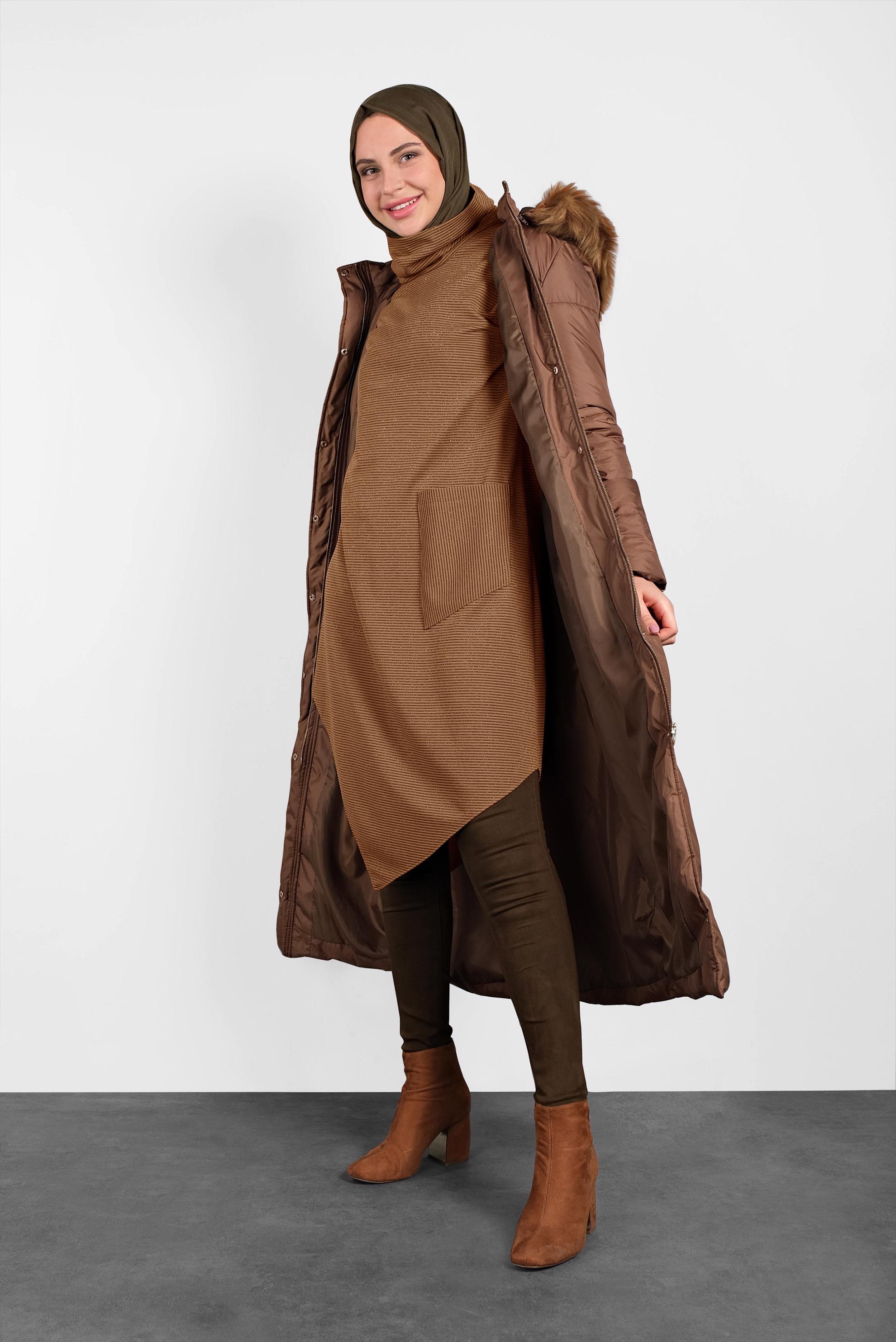 Tesettür giyim KAHVE ASİMETRİK KESİM SİMLİ TUNİK 40413 