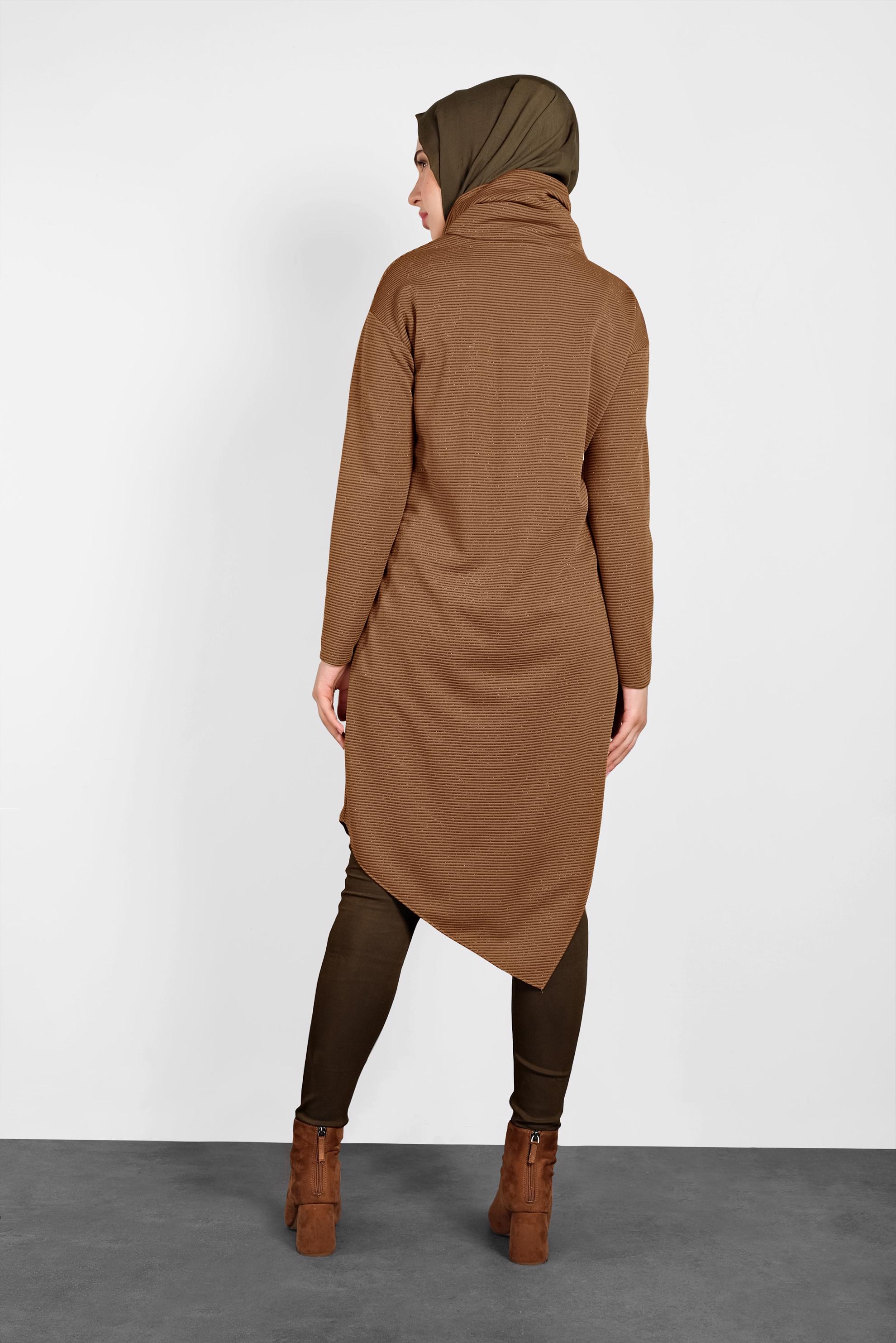 Tesettür giyim KAHVE ASİMETRİK KESİM SİMLİ TUNİK 40413 