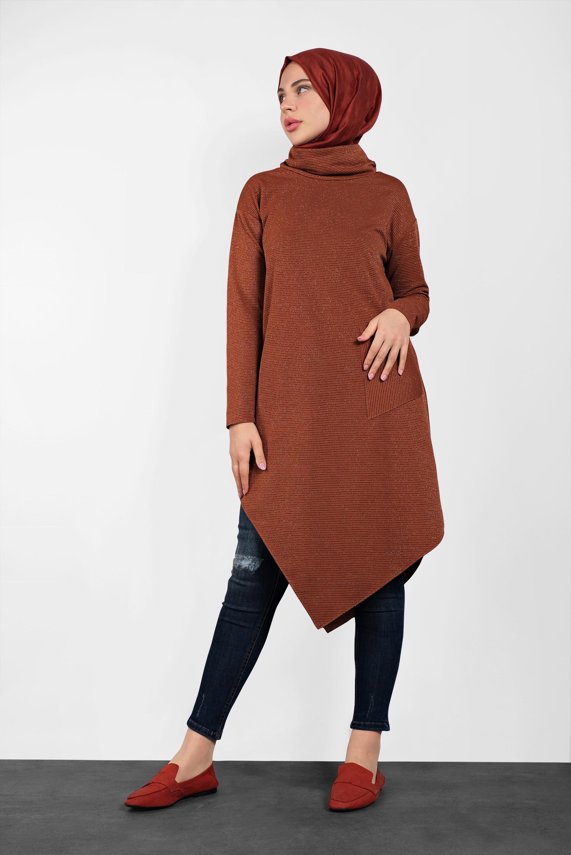Tesettür giyim TURUNCU ASİMETRİK KESİM SİMLİ TUNİK 40413 