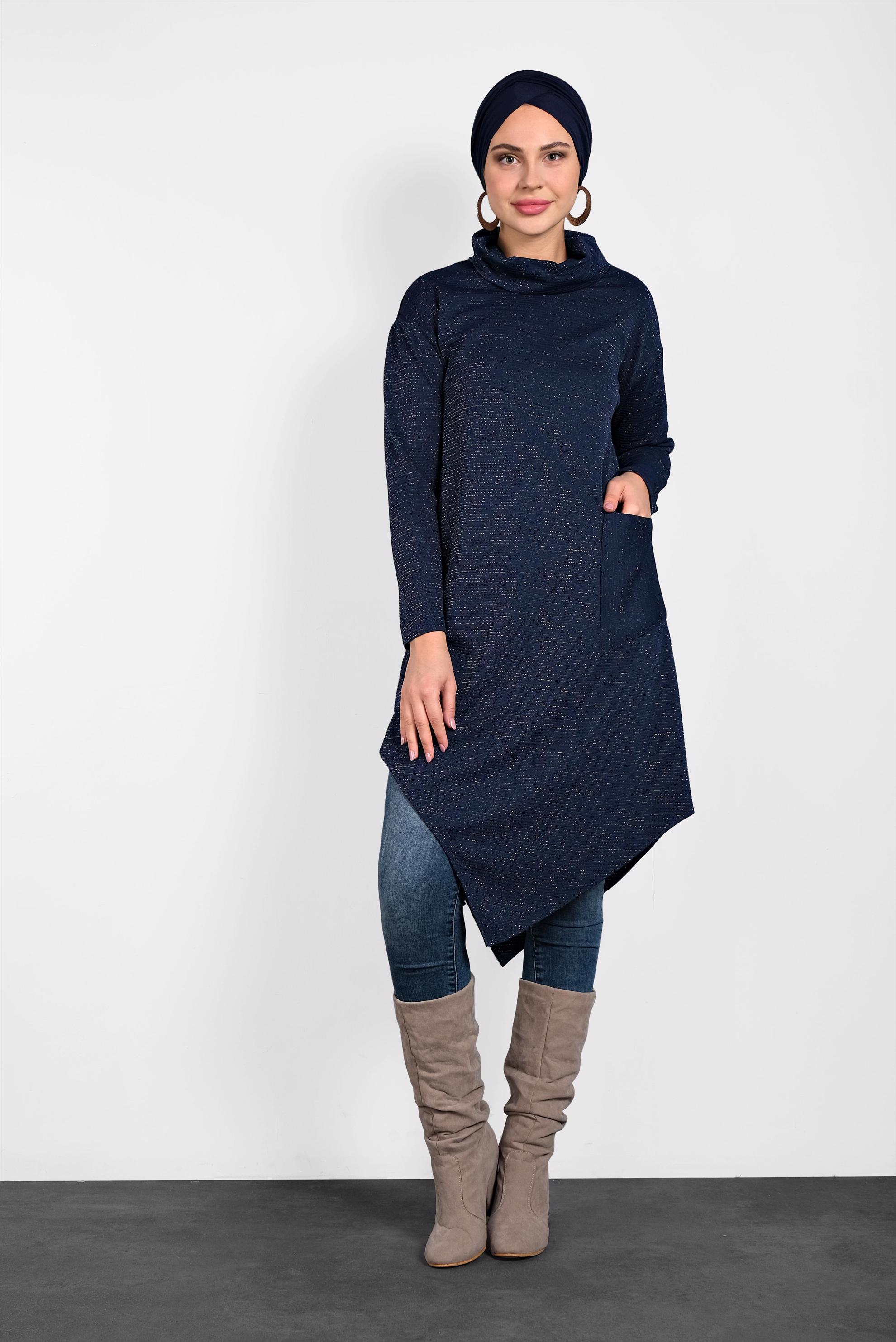 Tesettür giyim LACİVERT ASİMETRİK KESİM SİMLİ TUNİK 40413 