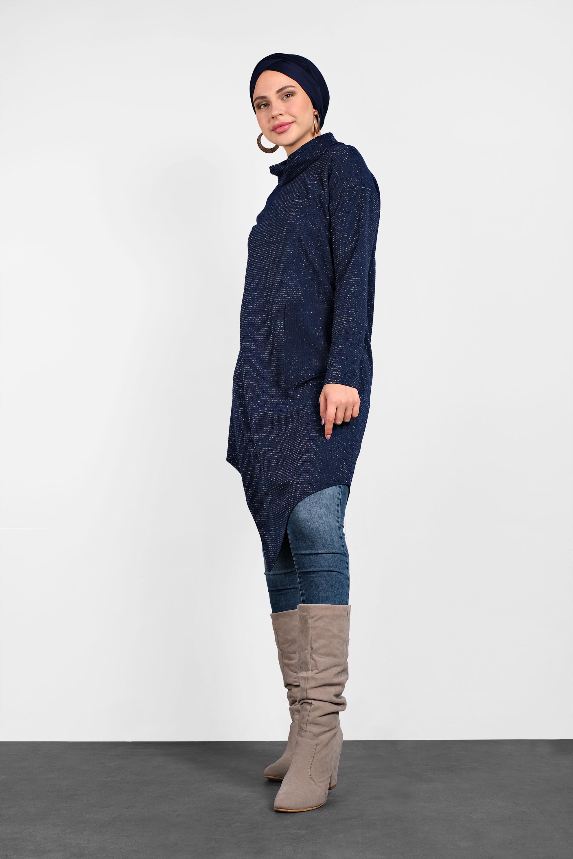 Tesettür giyim LACİVERT ASİMETRİK KESİM SİMLİ TUNİK 40413 