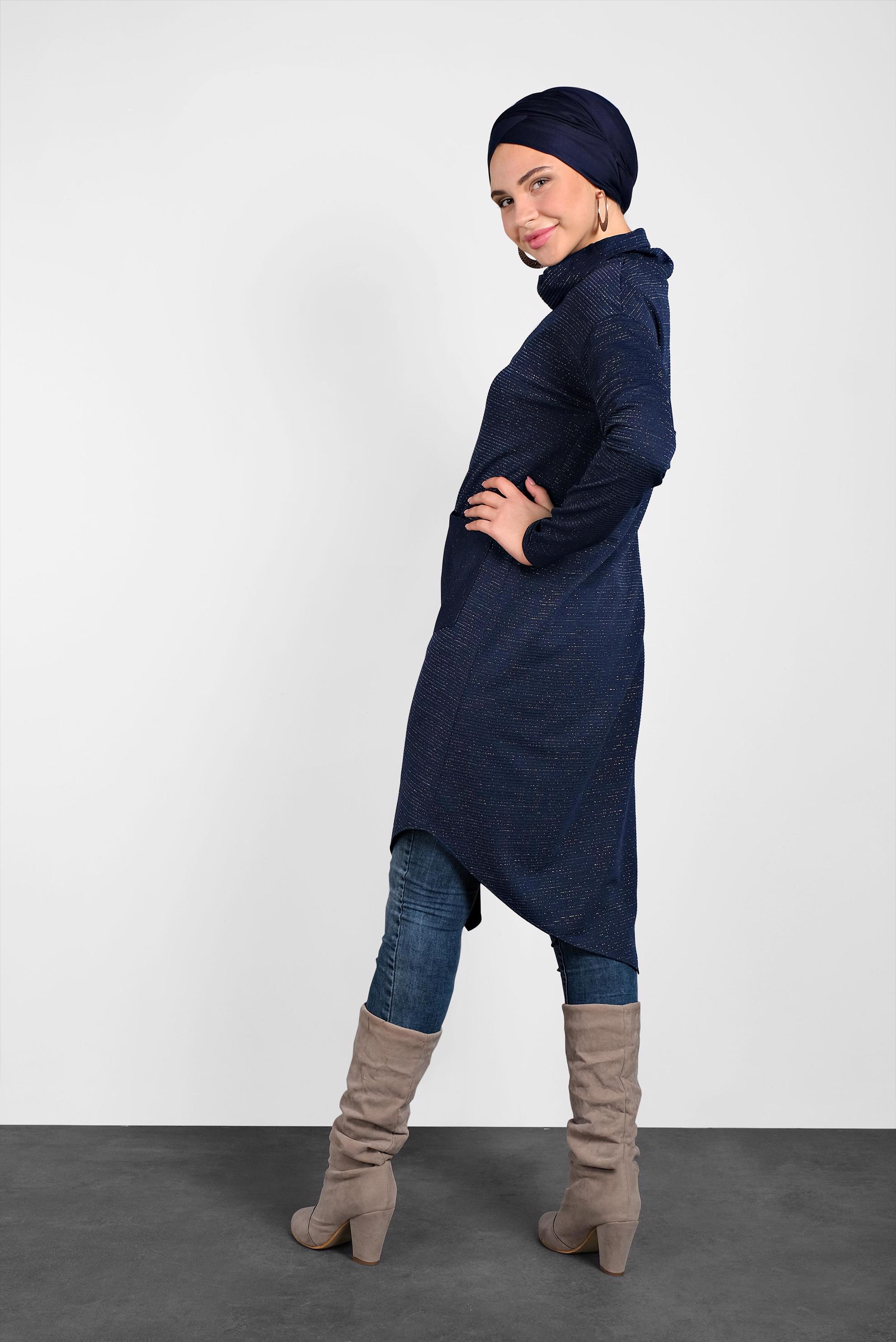 Tesettür giyim LACİVERT ASİMETRİK KESİM SİMLİ TUNİK 40413 