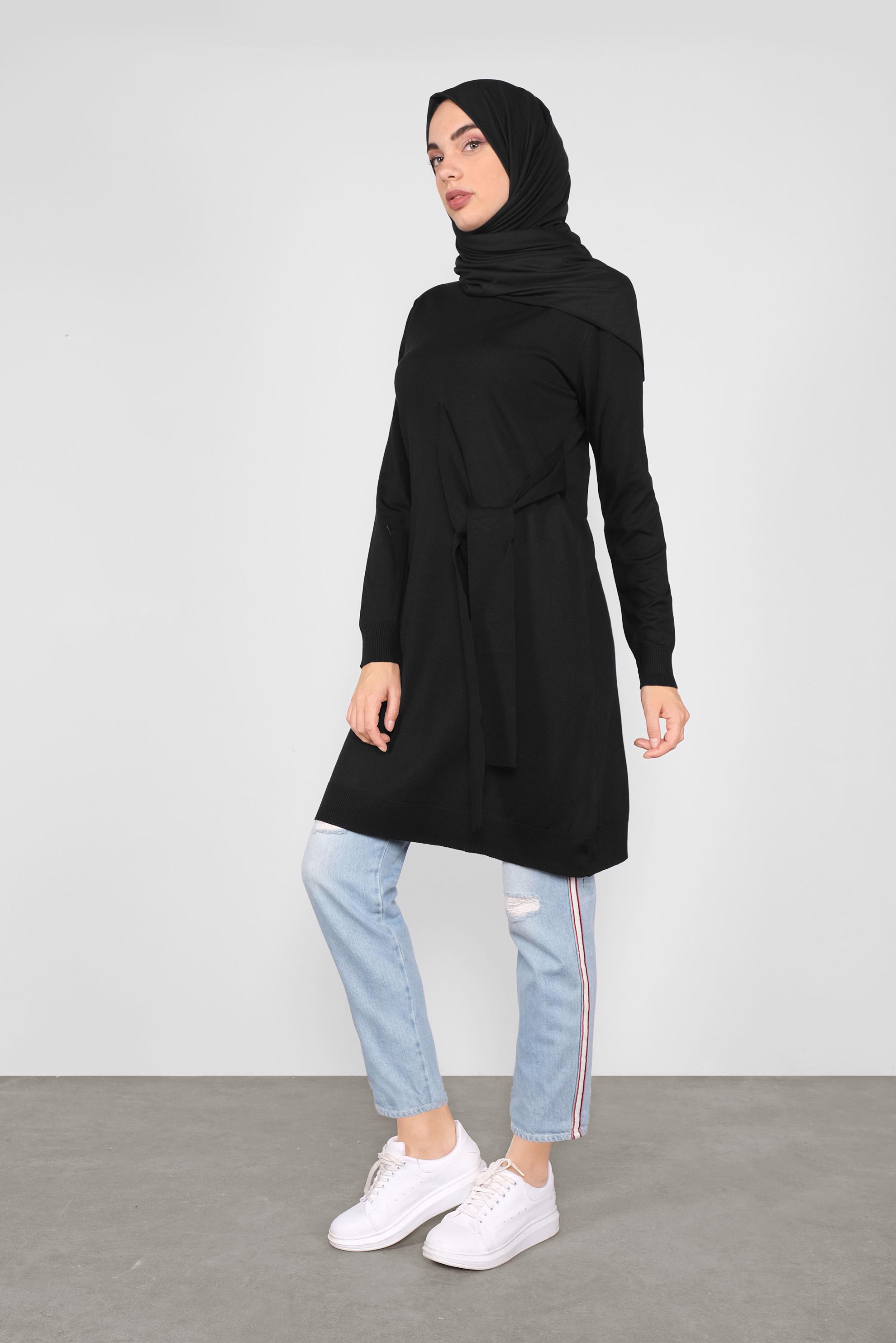 Tesettür giyim SİYAH BELDEN BAĞCIKLI TRİKO TUNİK 41000