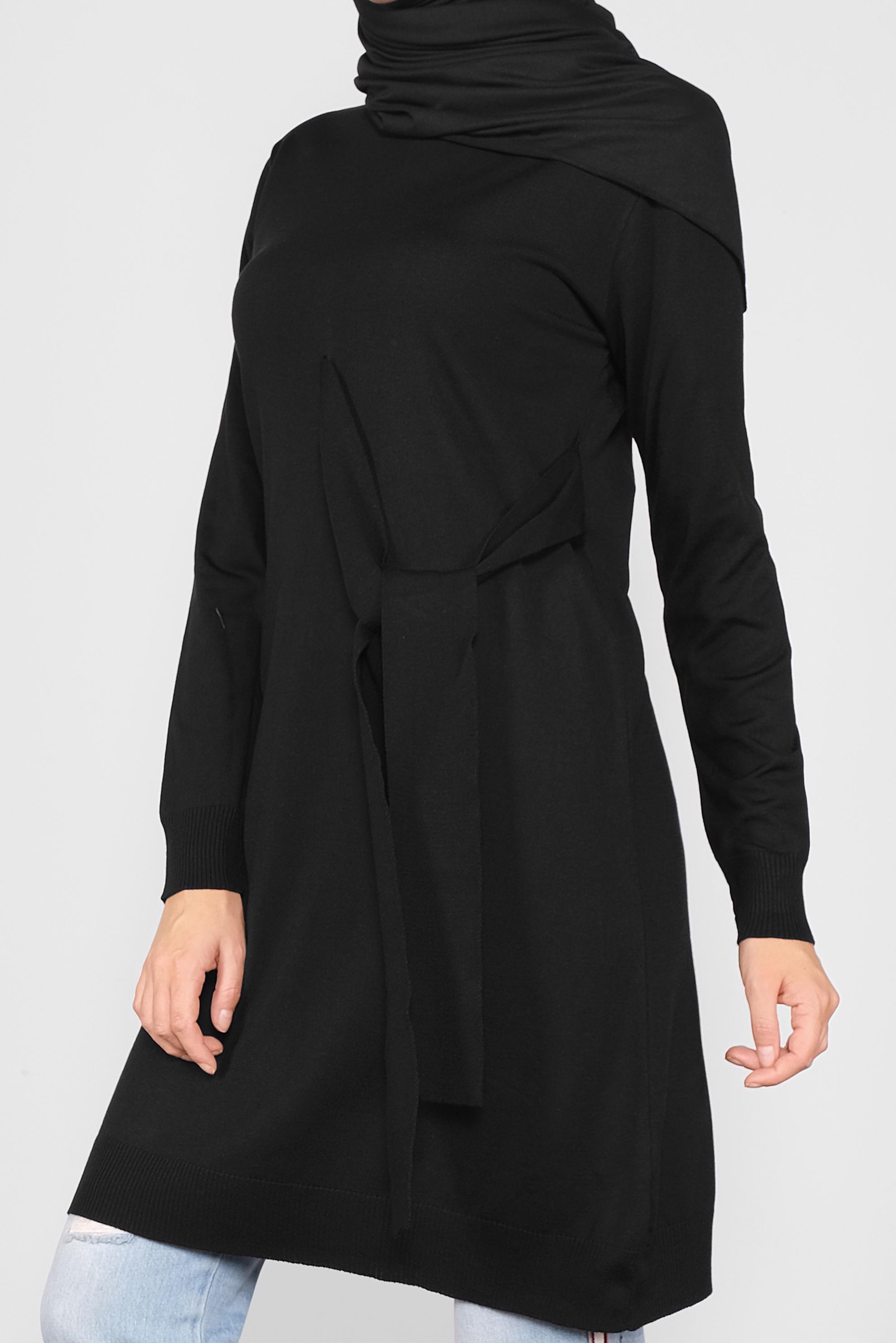 Tesettür giyim SİYAH BELDEN BAĞCIKLI TRİKO TUNİK 41000