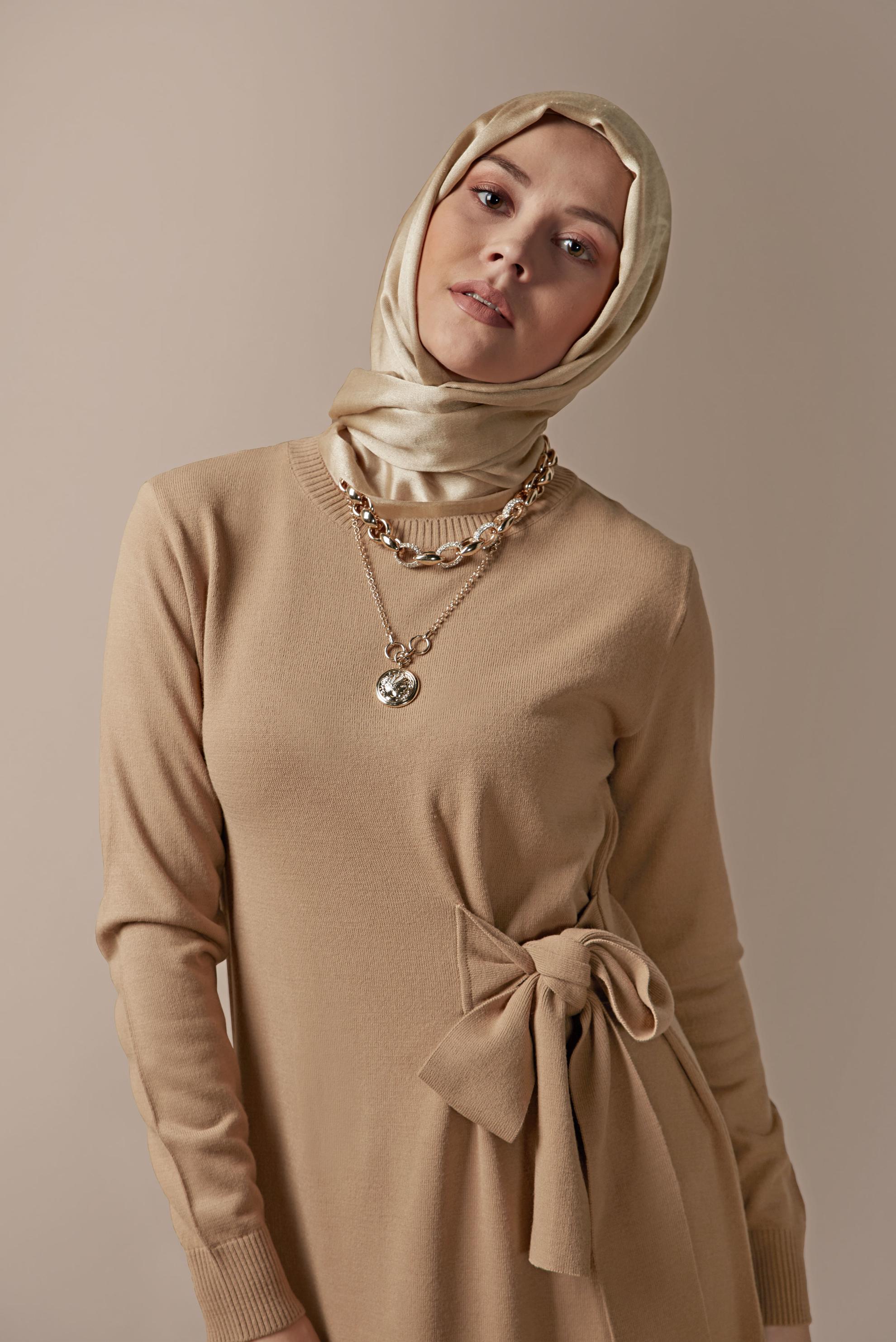 Tesettür giyim KAHVE BELDEN BAĞCIKLI TRİKO TUNİK 41000