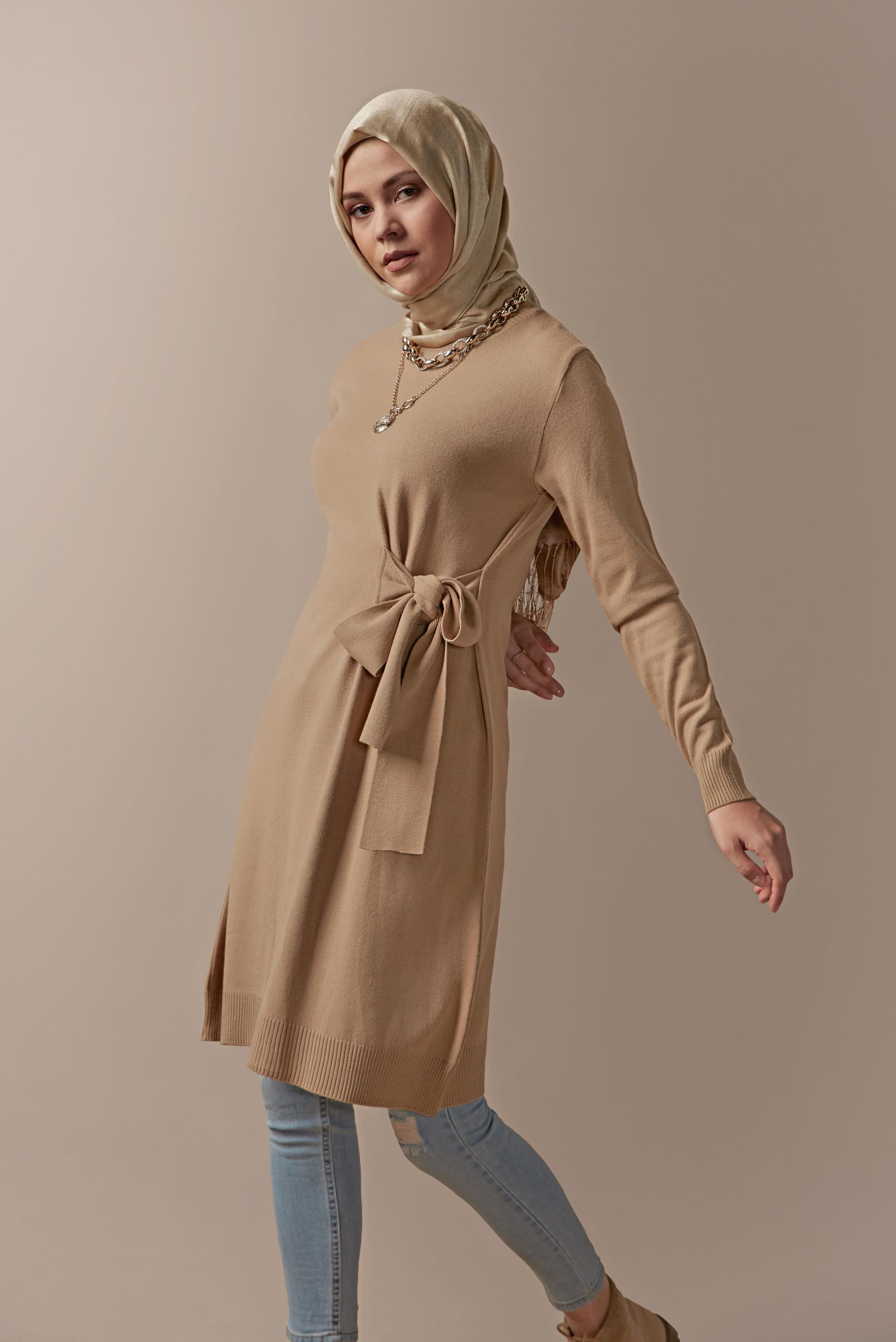 Tesettür giyim KAHVE BELDEN BAĞCIKLI TRİKO TUNİK 41000