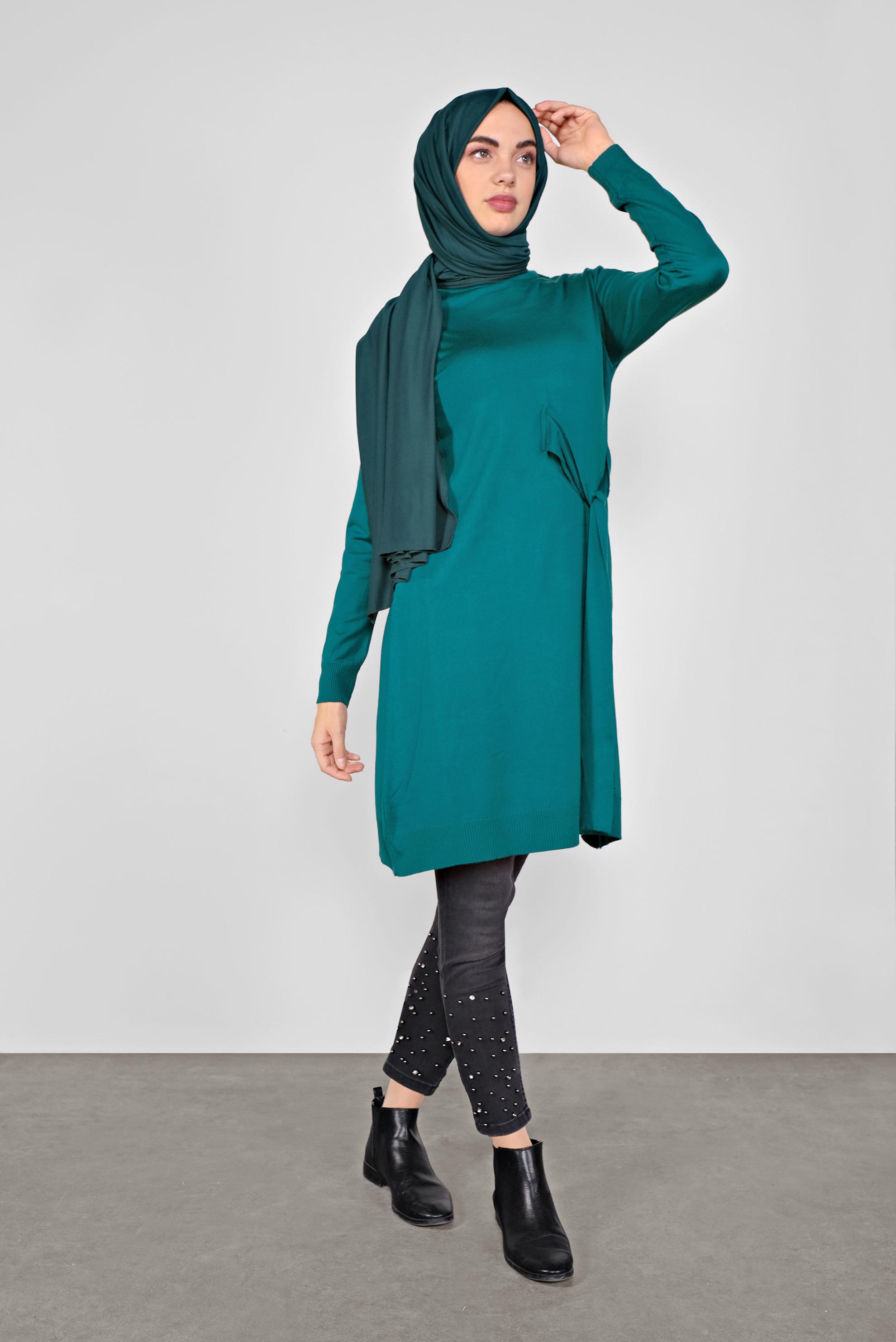 Tesettür giyim MAVİ BELDEN BAĞCIKLI TRİKO TUNİK 41000