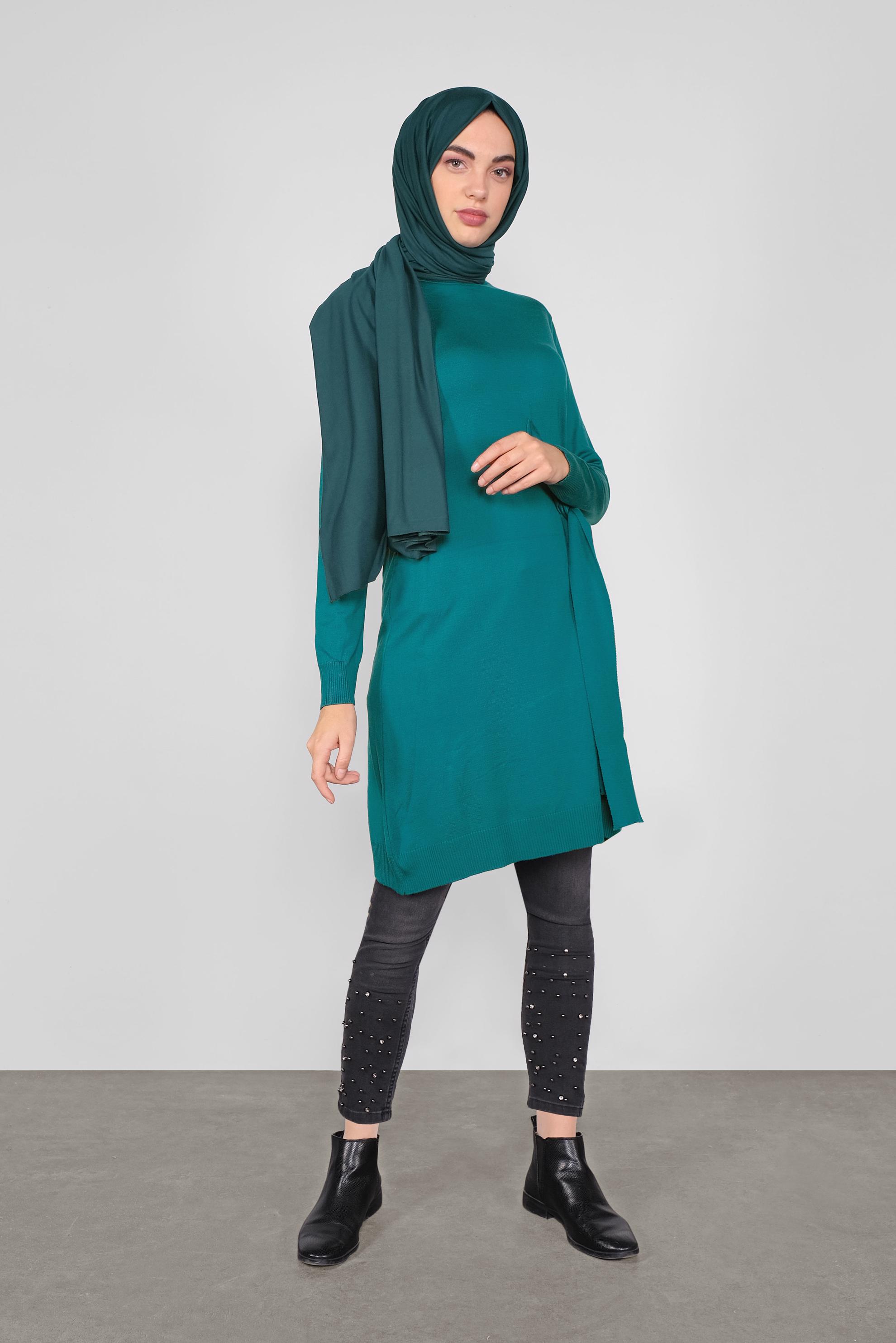 Tesettür giyim MAVİ BELDEN BAĞCIKLI TRİKO TUNİK 41000