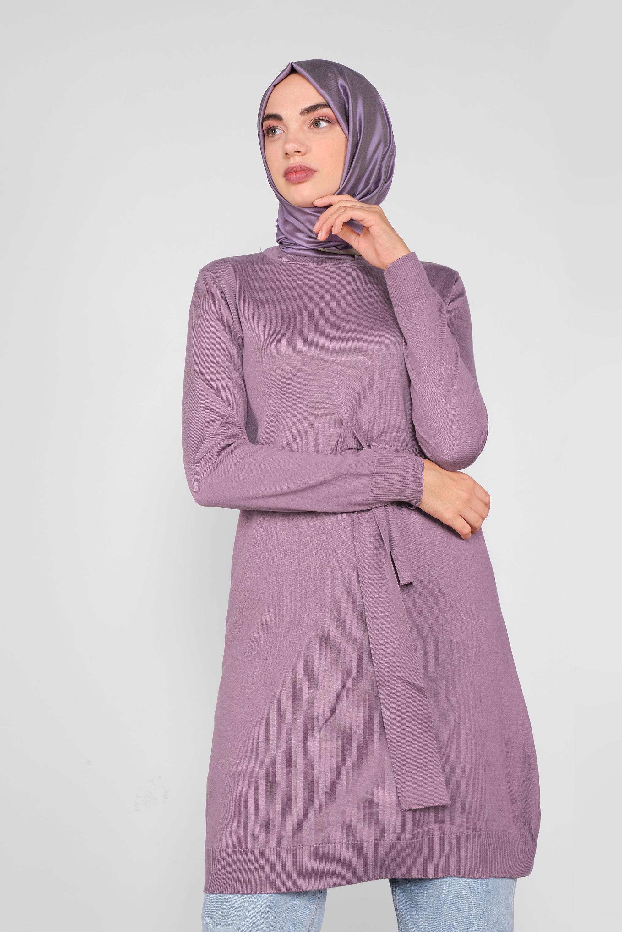 Tesettür giyim MOR BELDEN BAĞCIKLI TRİKO TUNİK 41000