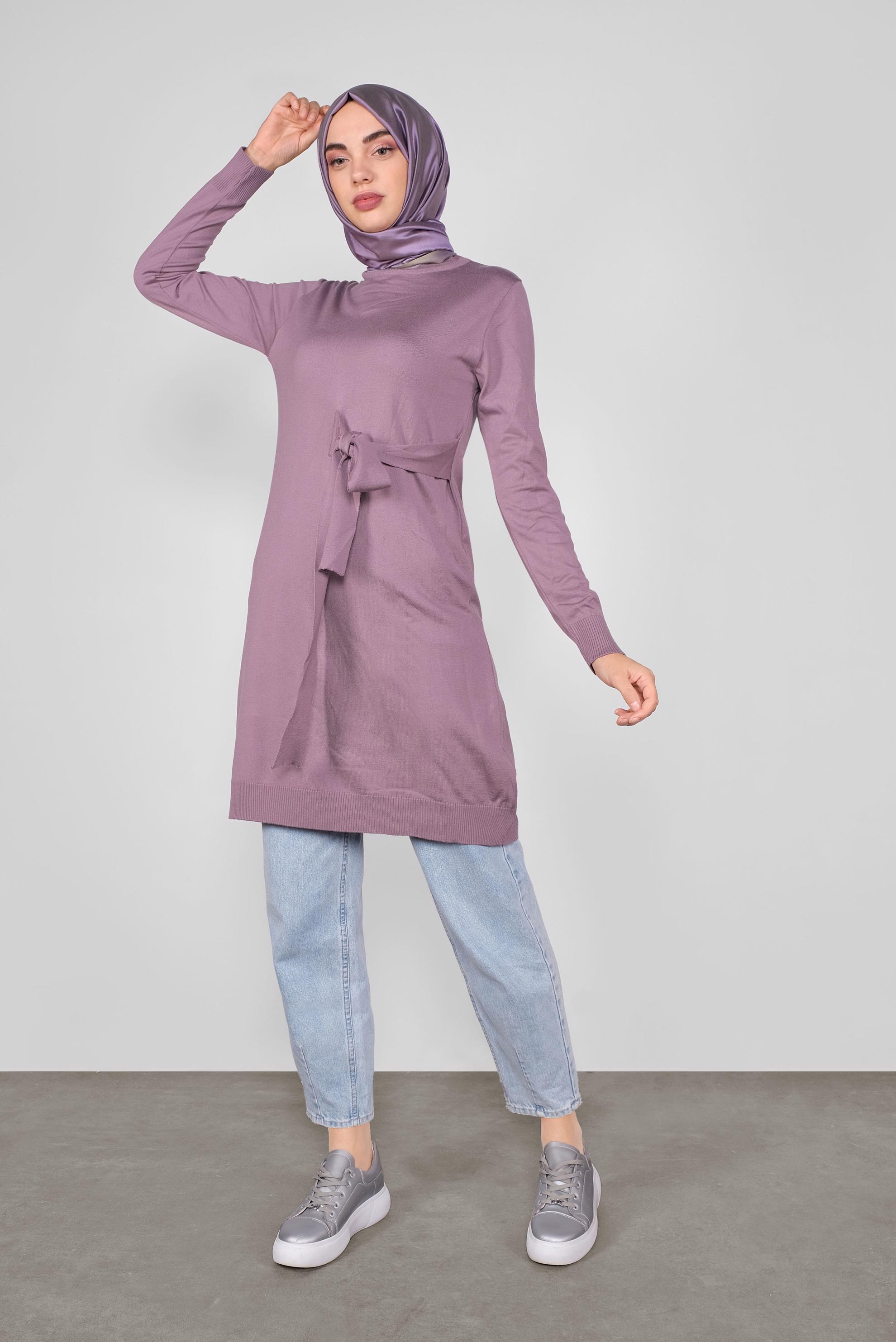 Tesettür giyim MOR BELDEN BAĞCIKLI TRİKO TUNİK 41000