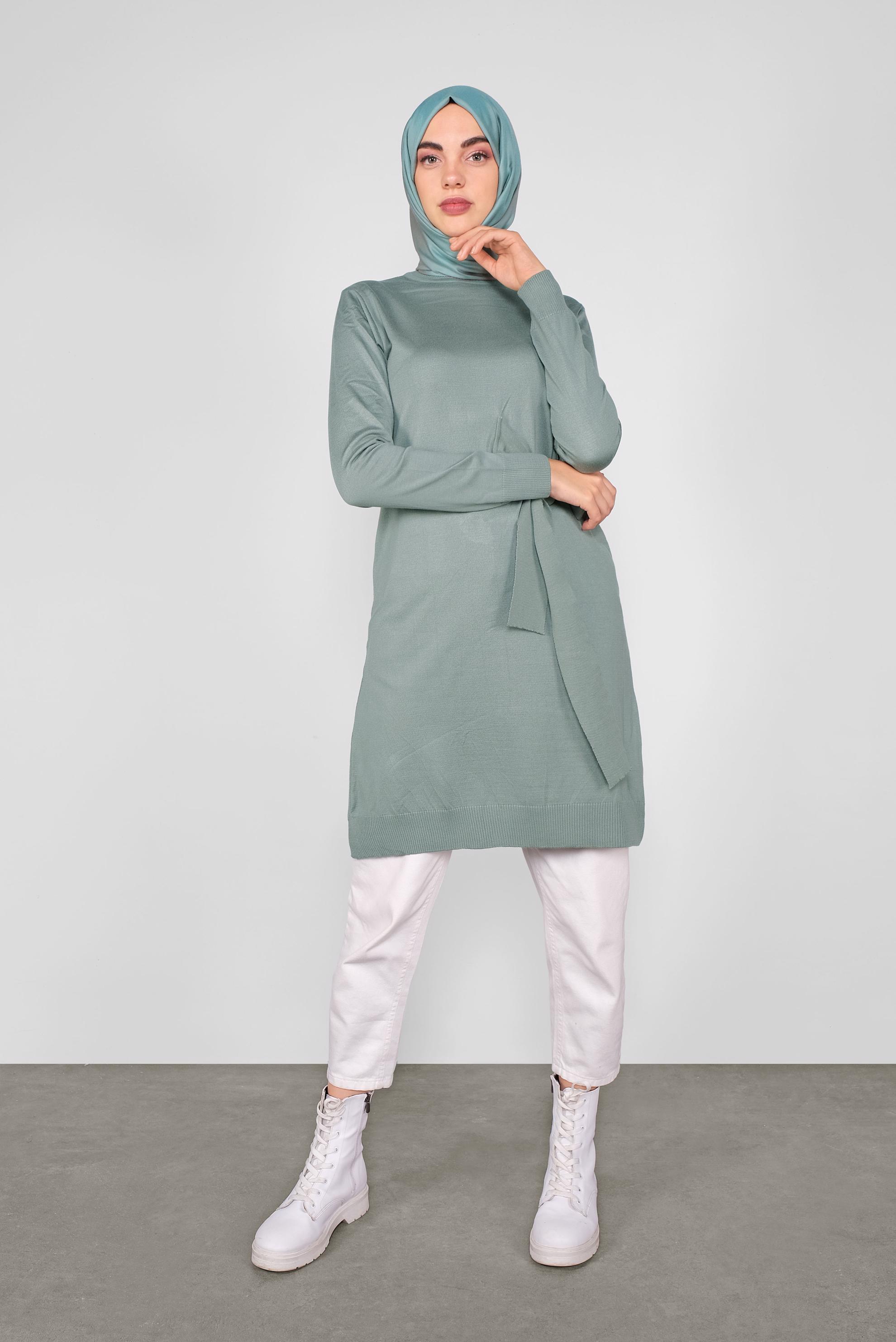 Tesettür giyim YEŞİL BELDEN BAĞCIKLI TRİKO TUNİK 41000