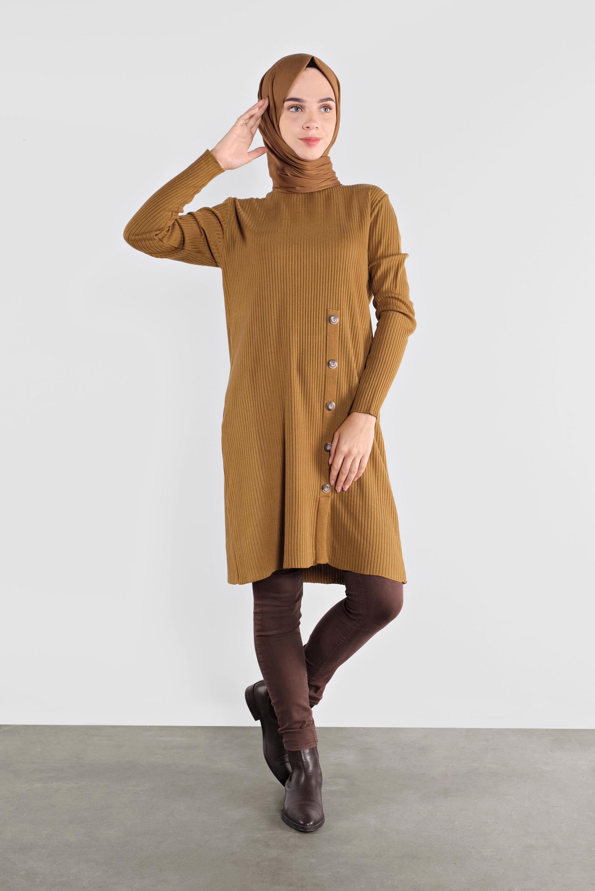 Tesettür giyim SARI DÜĞMELİ FİTİLLİ TRİKO TUNİK  41001