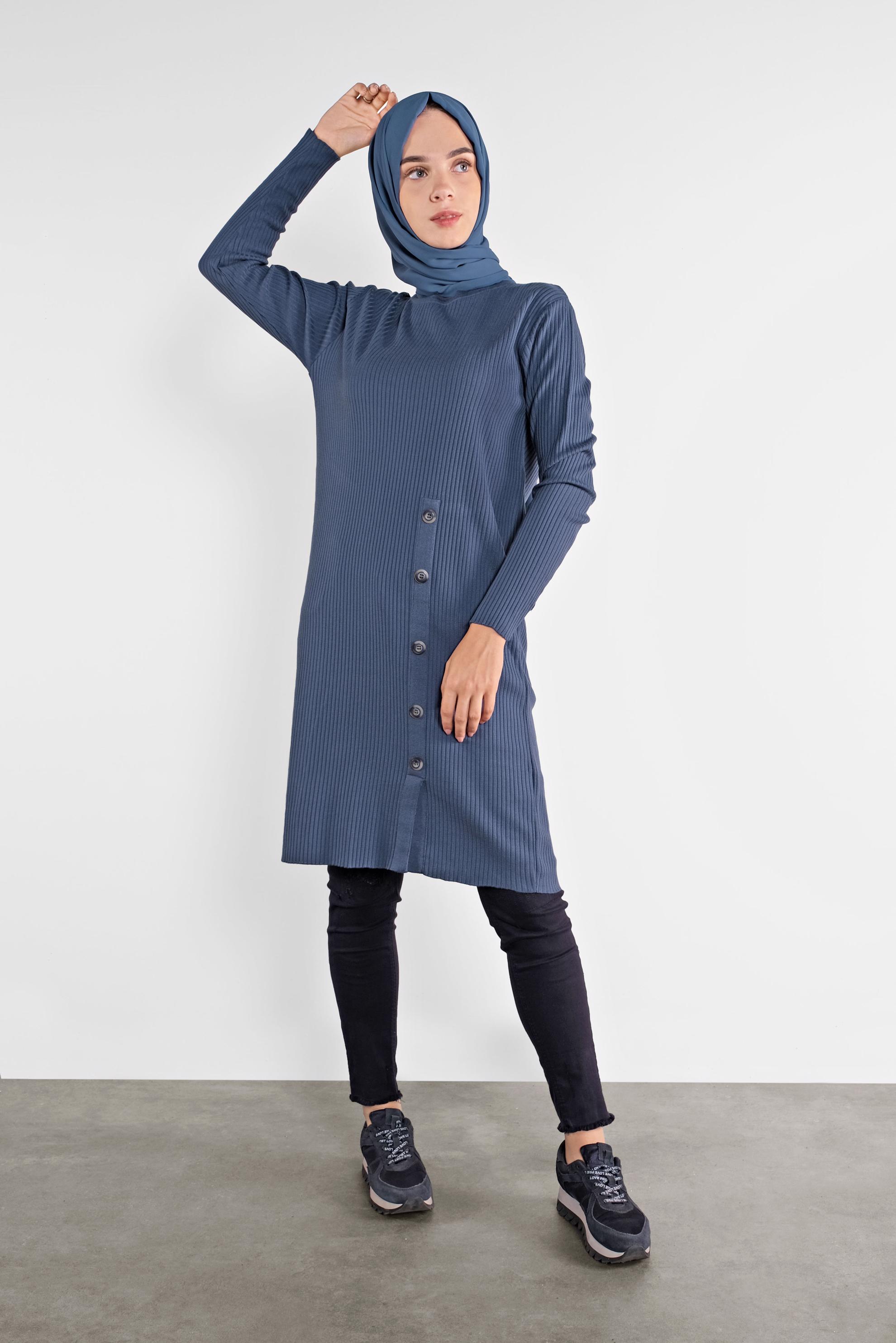 Tesettür giyim LACİVERT DÜĞMELİ FİTİLLİ TRİKO TUNİK  41001
