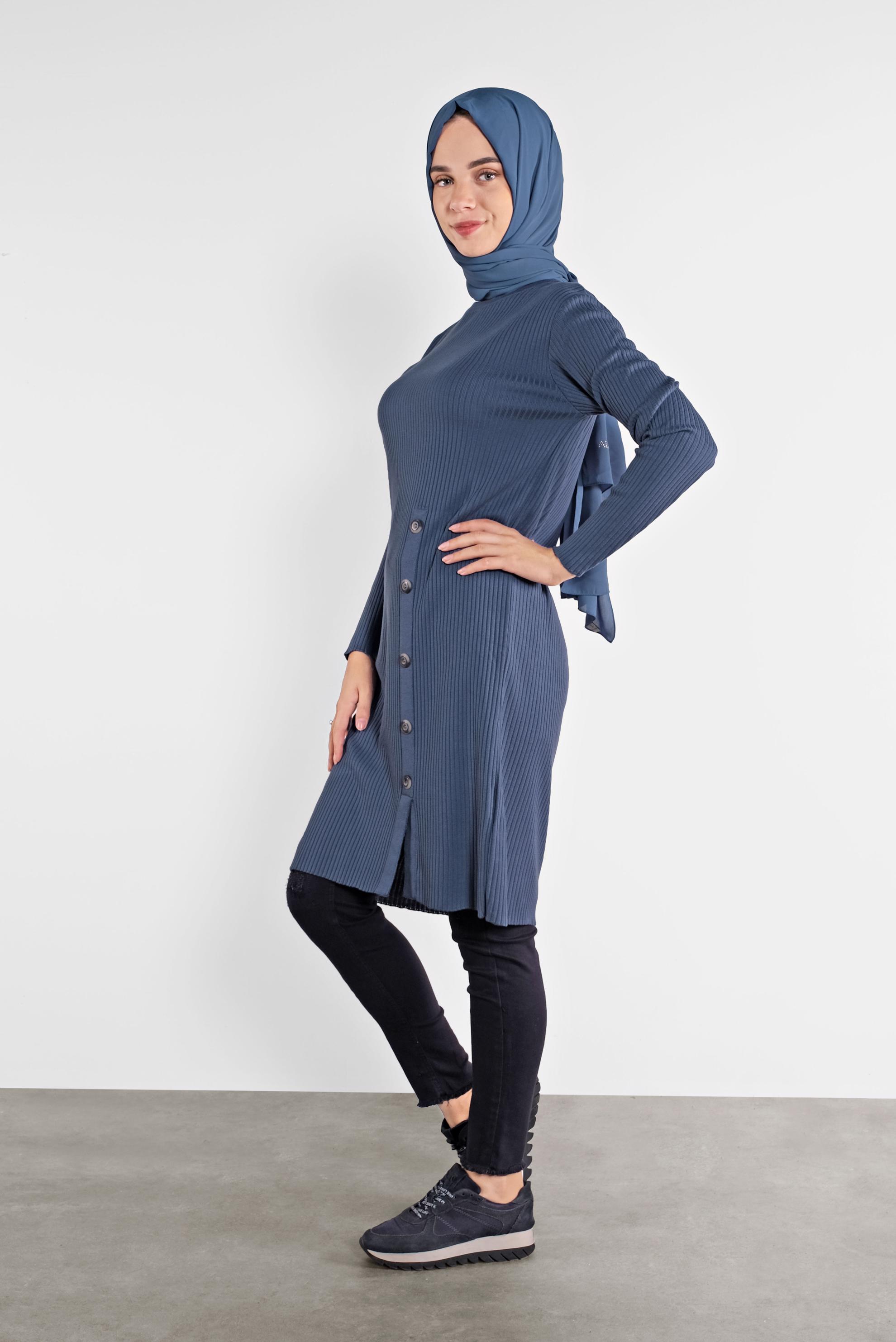 Tesettür giyim LACİVERT DÜĞMELİ FİTİLLİ TRİKO TUNİK  41001