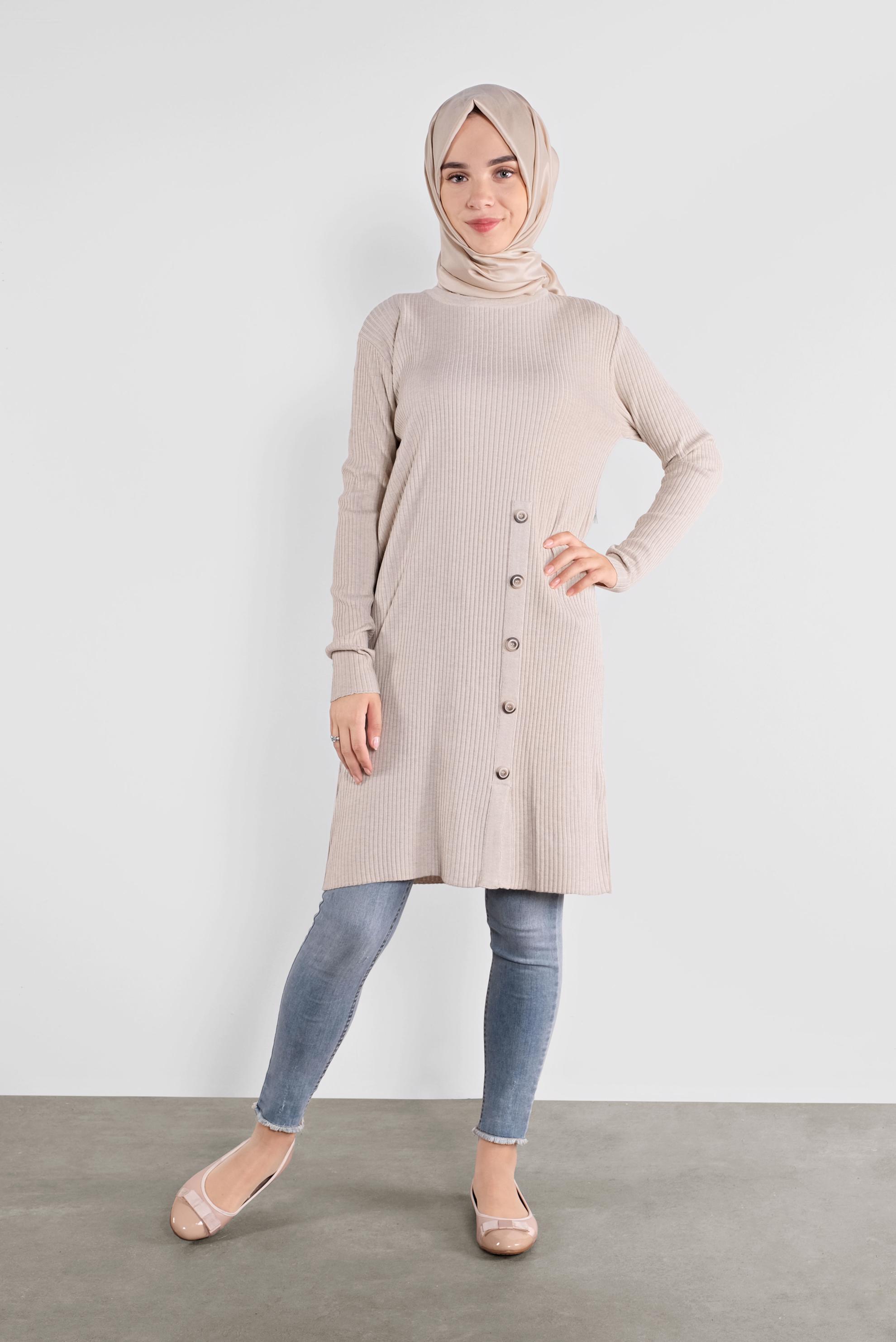 Tesettür giyim BEJ DÜĞMELİ FİTİLLİ TRİKO TUNİK  41001