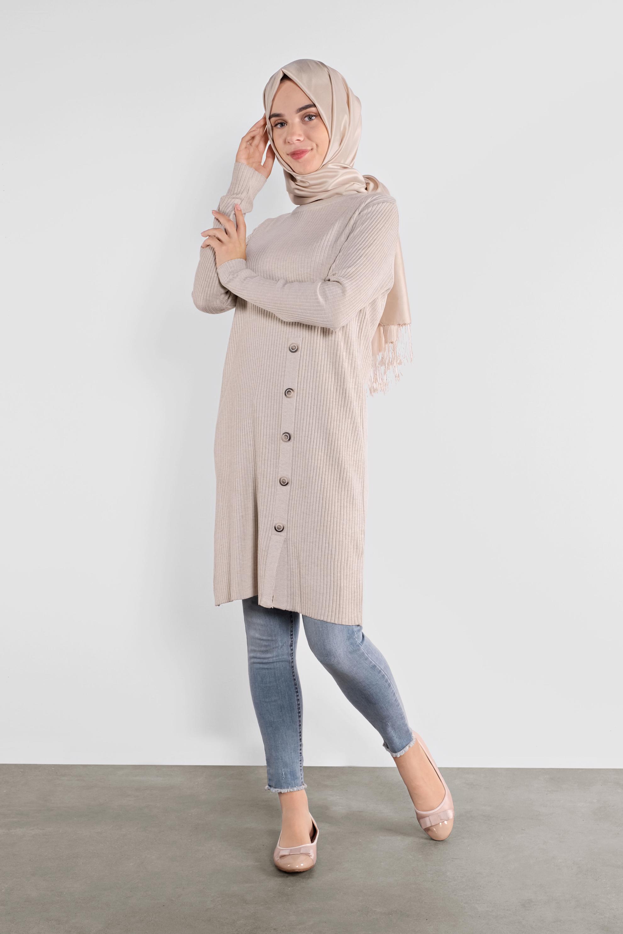 Tesettür giyim BEJ DÜĞMELİ FİTİLLİ TRİKO TUNİK  41001