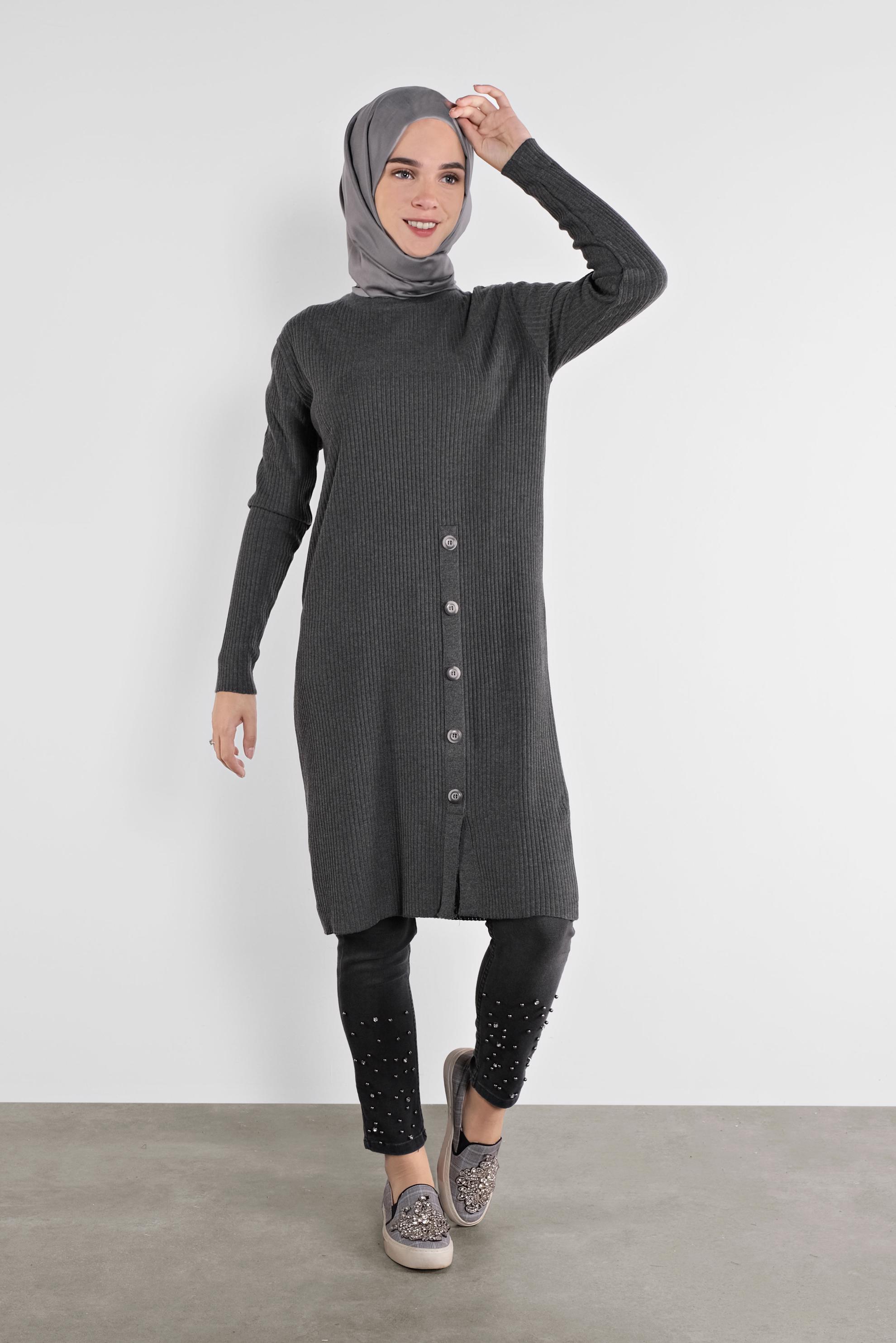 Tesettür giyim GRİ DÜĞMELİ FİTİLLİ TRİKO TUNİK  41001