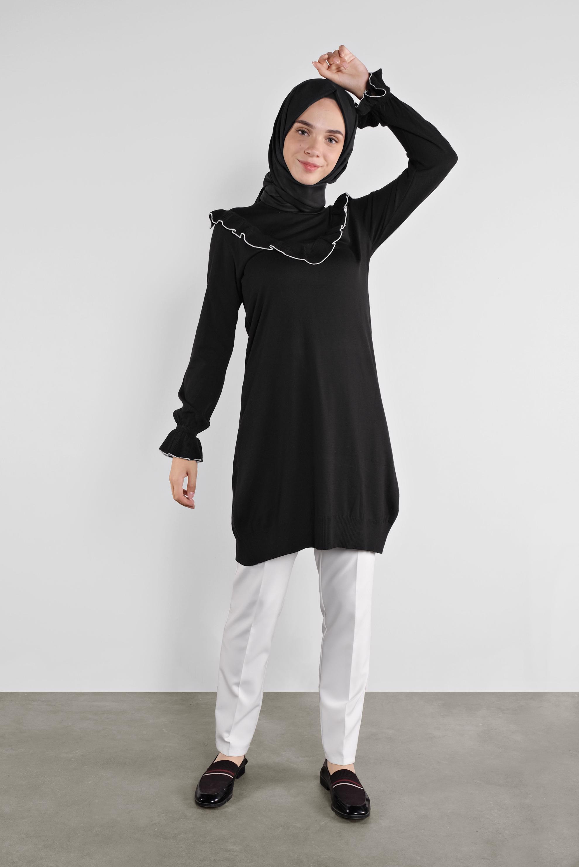 Tesettür giyim SİYAH  FIRFIRLI TRİKO TUNİK 41002