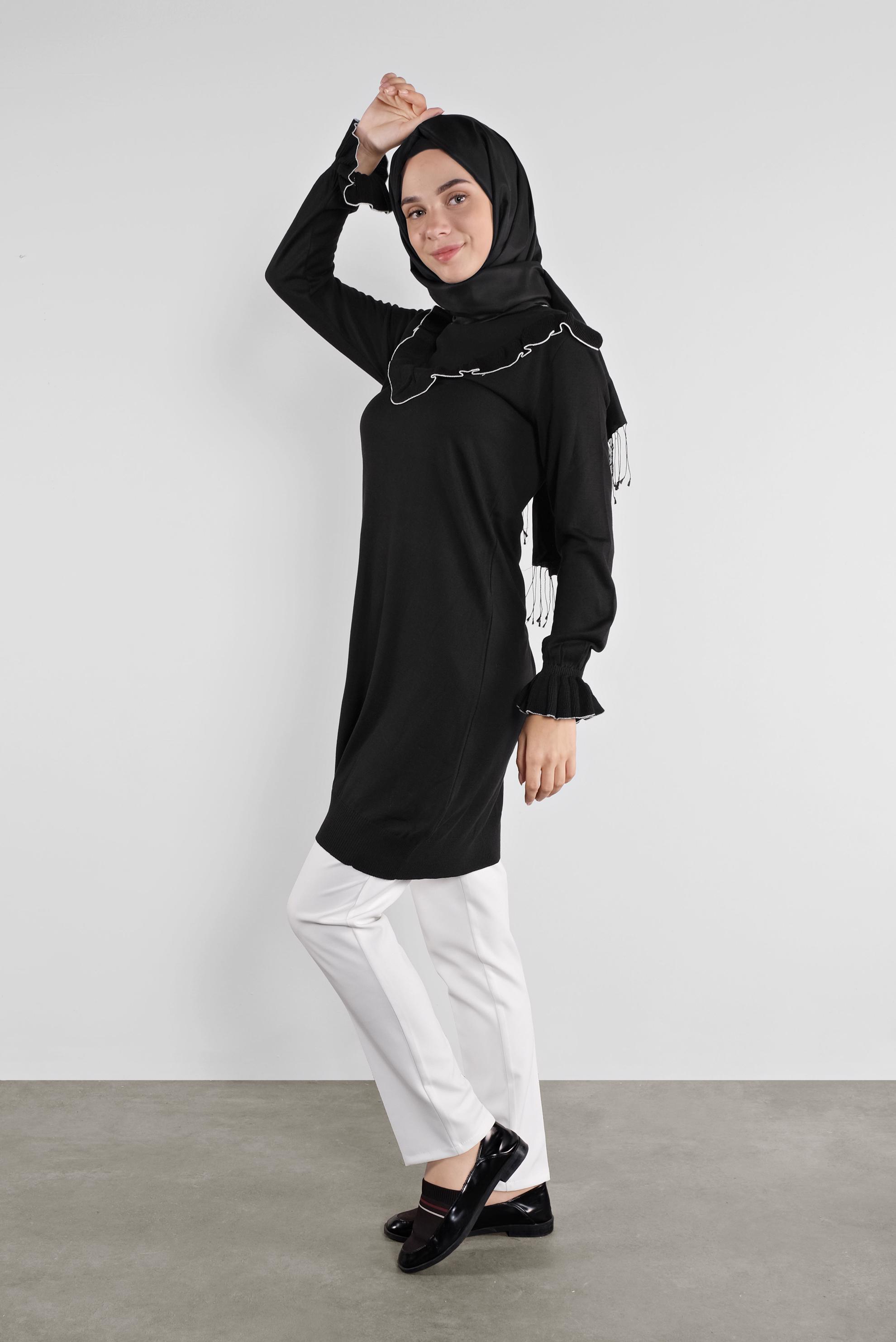 Tesettür giyim SİYAH  FIRFIRLI TRİKO TUNİK 41002