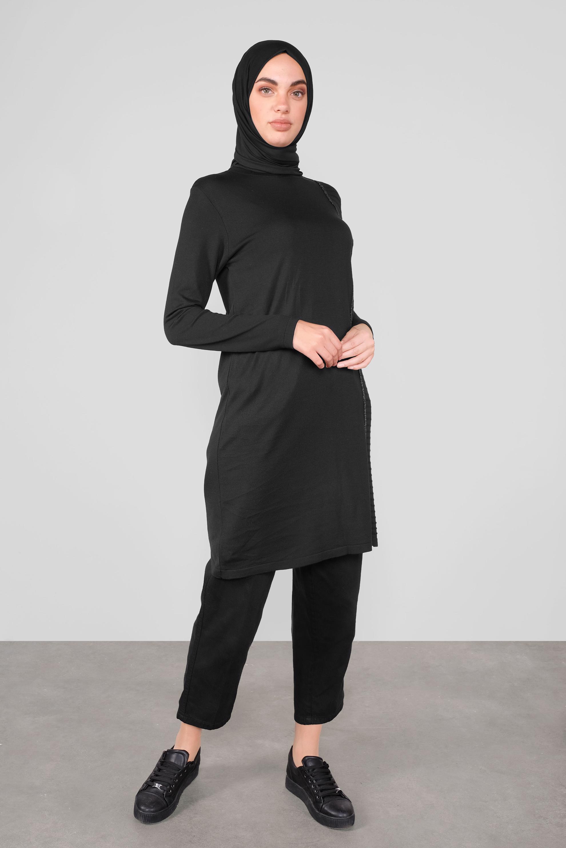 Tesettür giyim SİYAH SİMLİ ŞERİT DETAYLI TUNİK 41003 