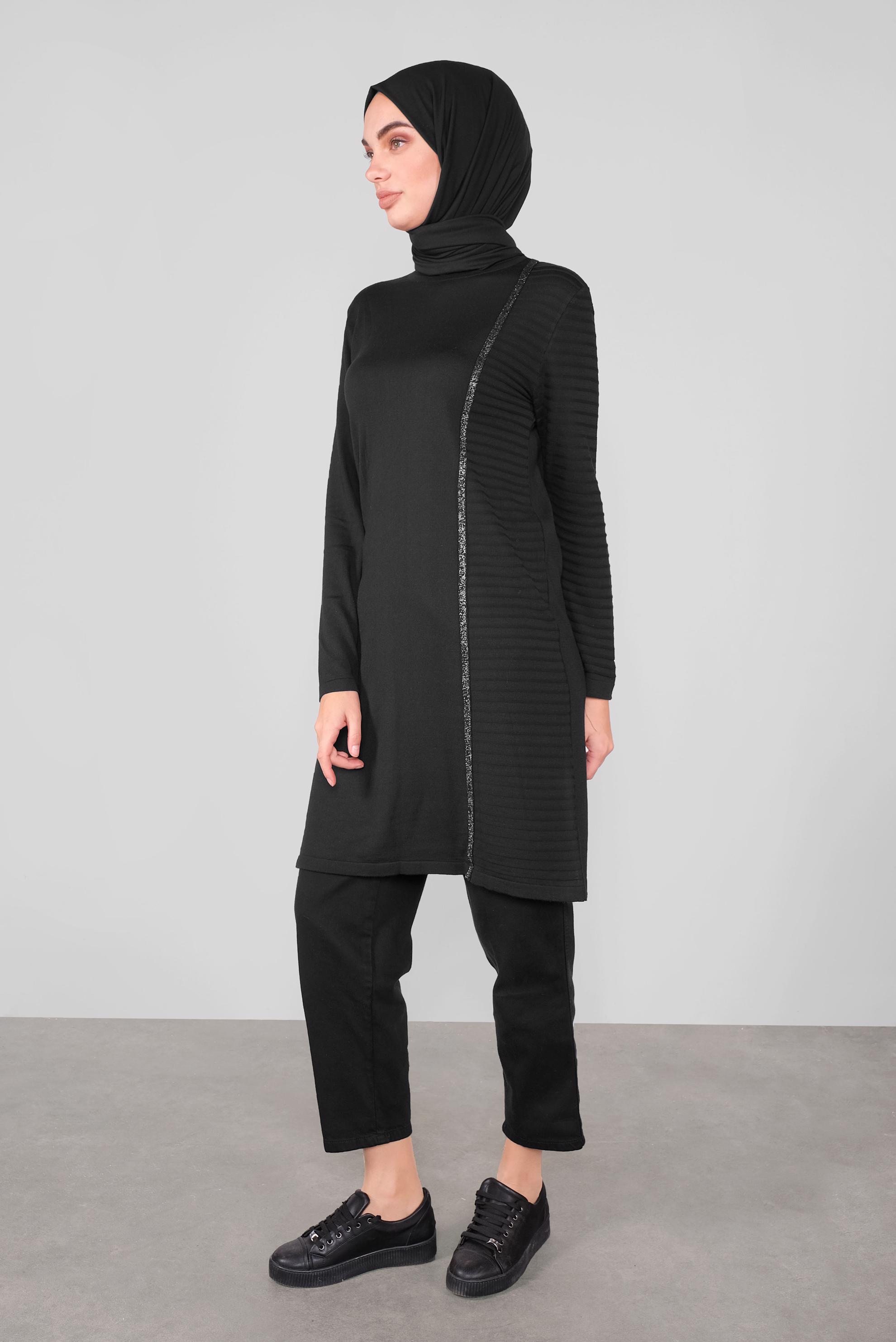 Tesettür giyim SİYAH SİMLİ ŞERİT DETAYLI TUNİK 41003 