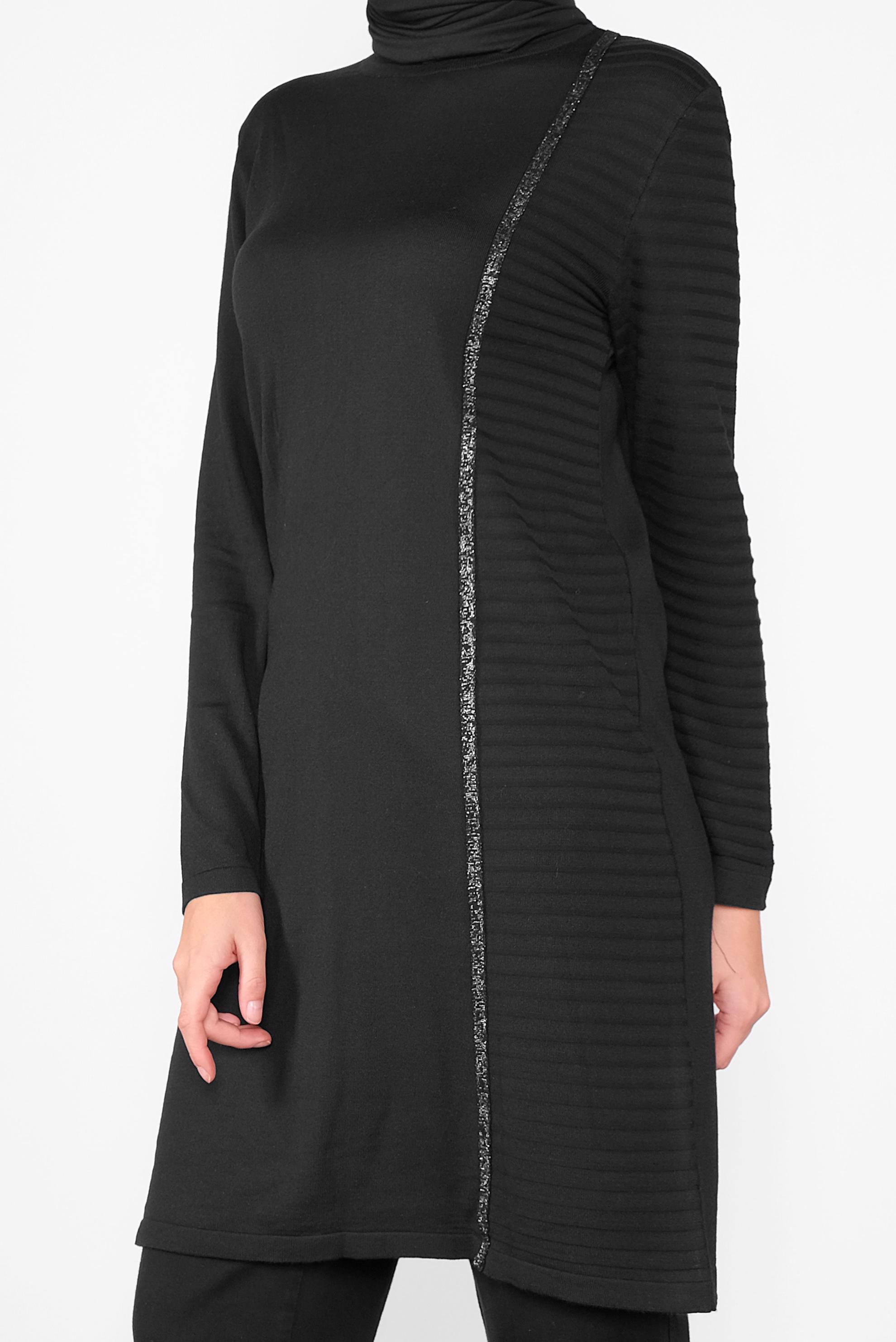 Tesettür giyim SİYAH SİMLİ ŞERİT DETAYLI TUNİK 41003 