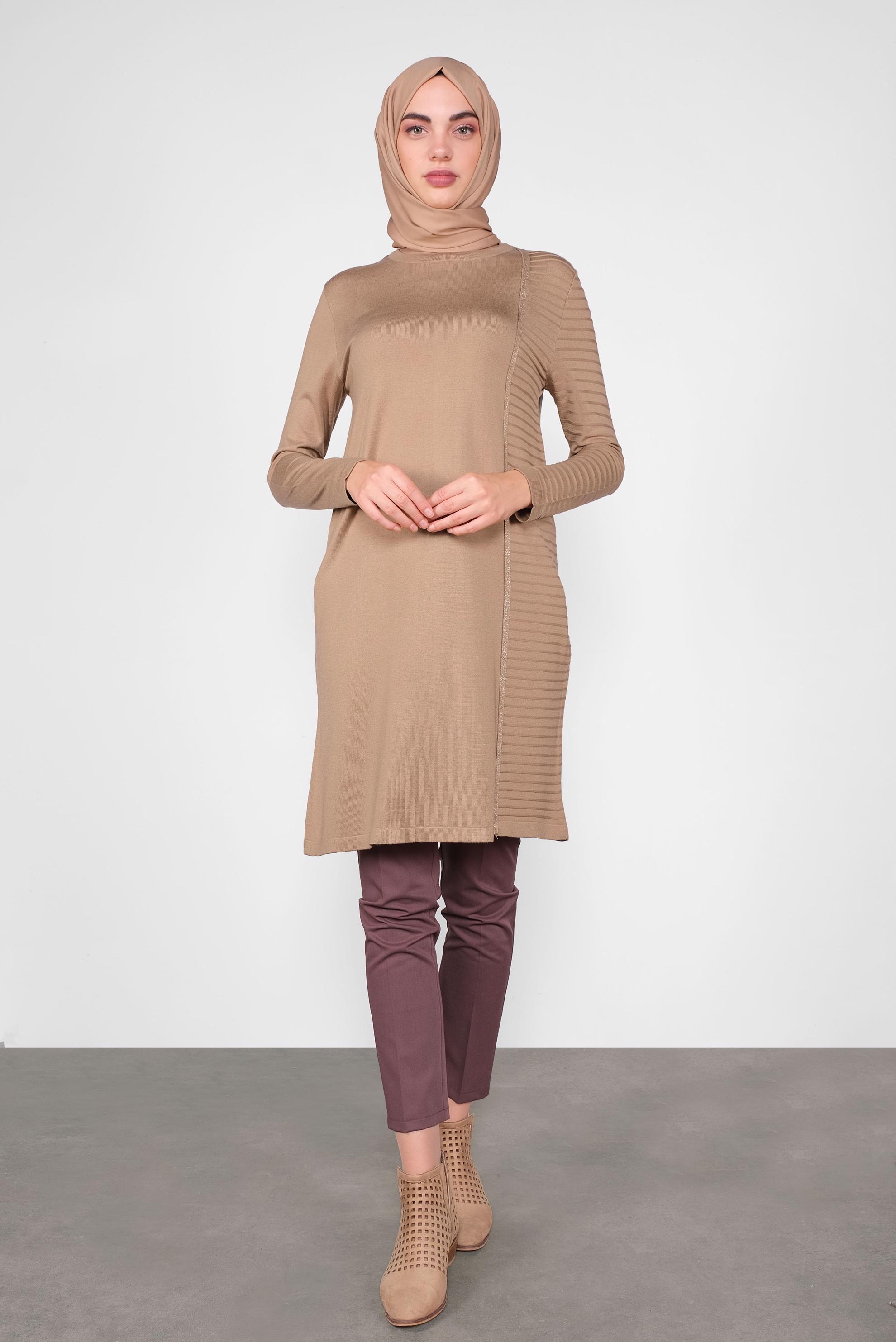 Tesettür giyim KAHVE SİMLİ ŞERİT DETAYLI TUNİK 41003 