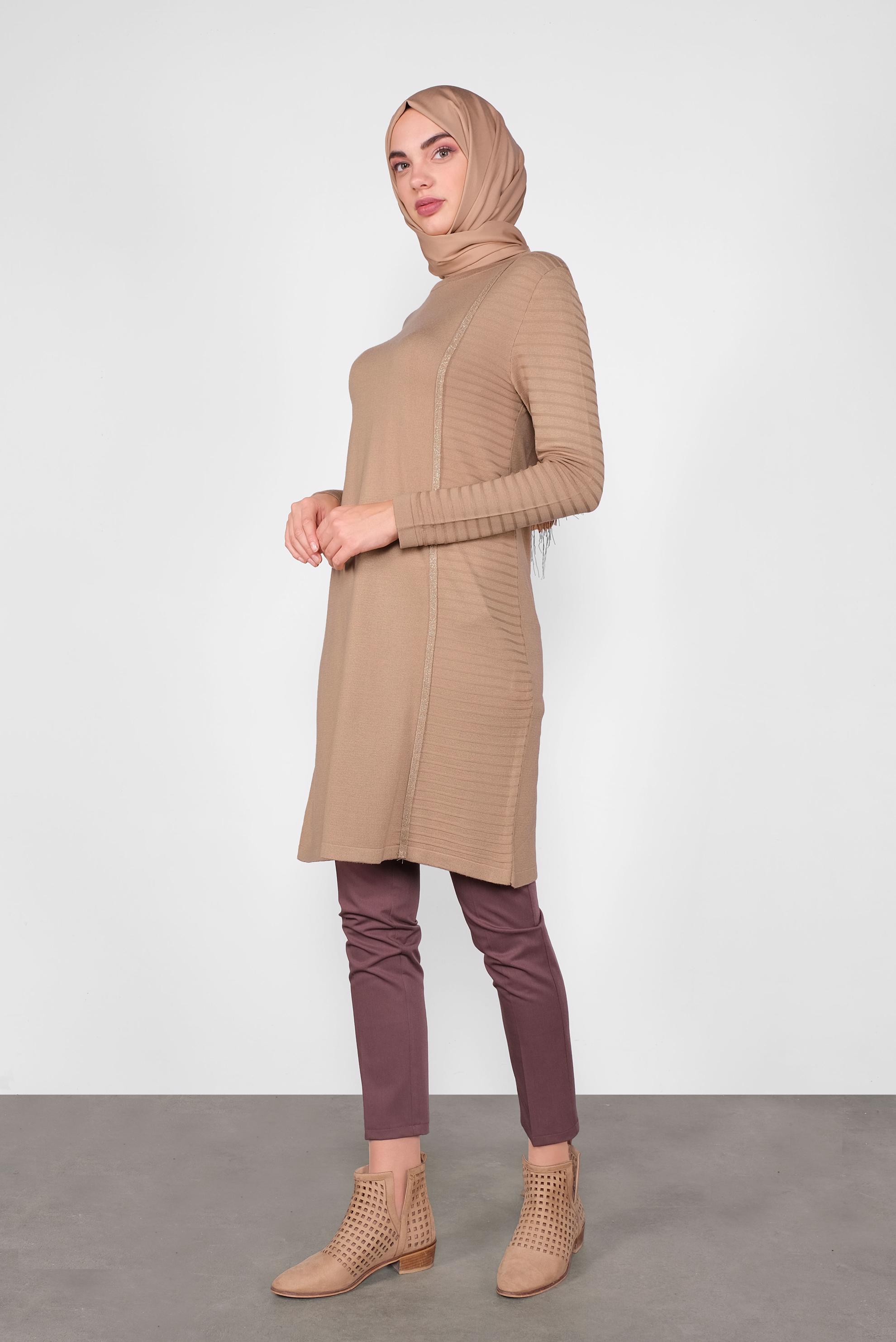 Tesettür giyim KAHVE SİMLİ ŞERİT DETAYLI TUNİK 41003 