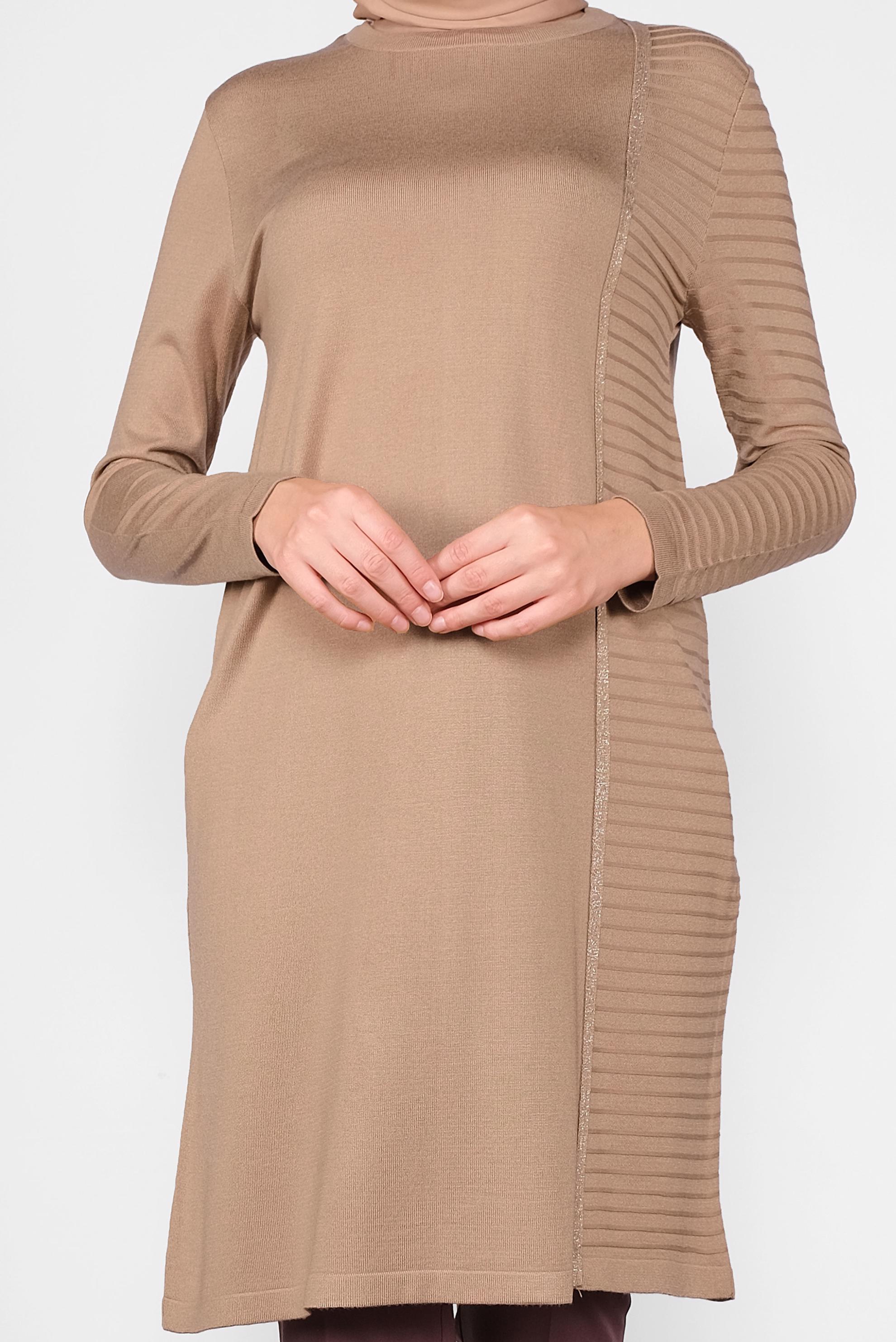 Tesettür giyim KAHVE SİMLİ ŞERİT DETAYLI TUNİK 41003 