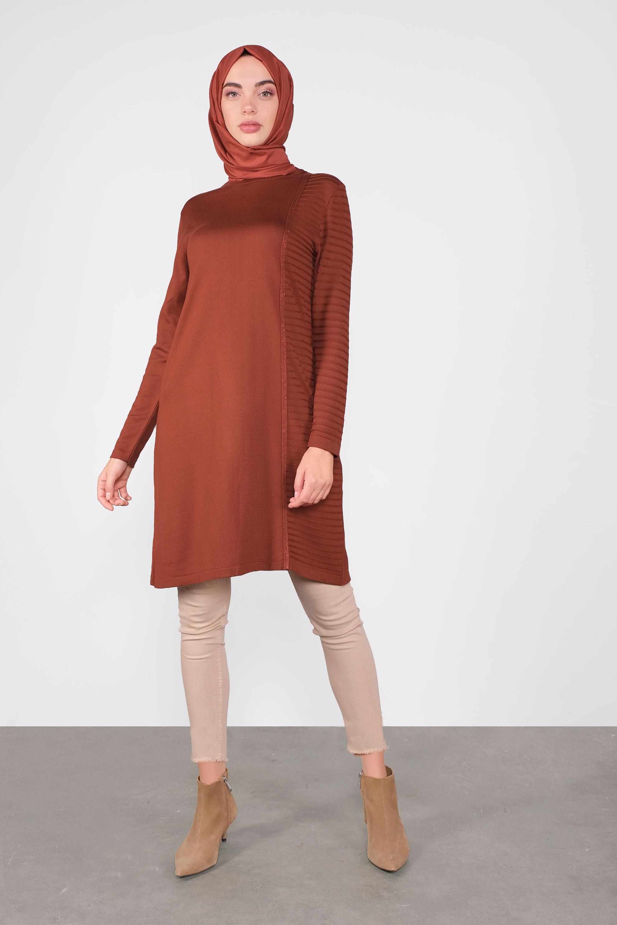 Tesettür giyim TURUNCU SİMLİ ŞERİT DETAYLI TUNİK 41003 