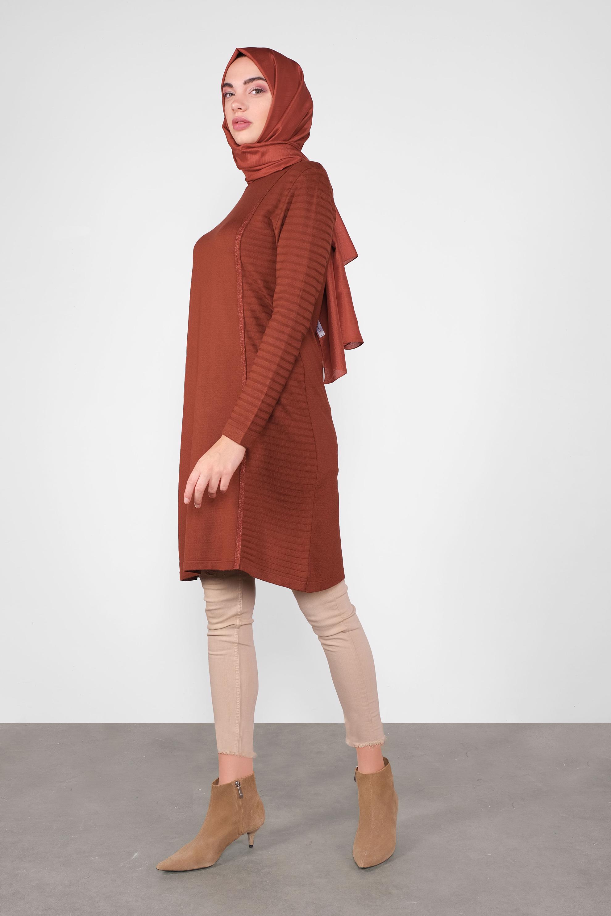 Tesettür giyim TURUNCU SİMLİ ŞERİT DETAYLI TUNİK 41003 