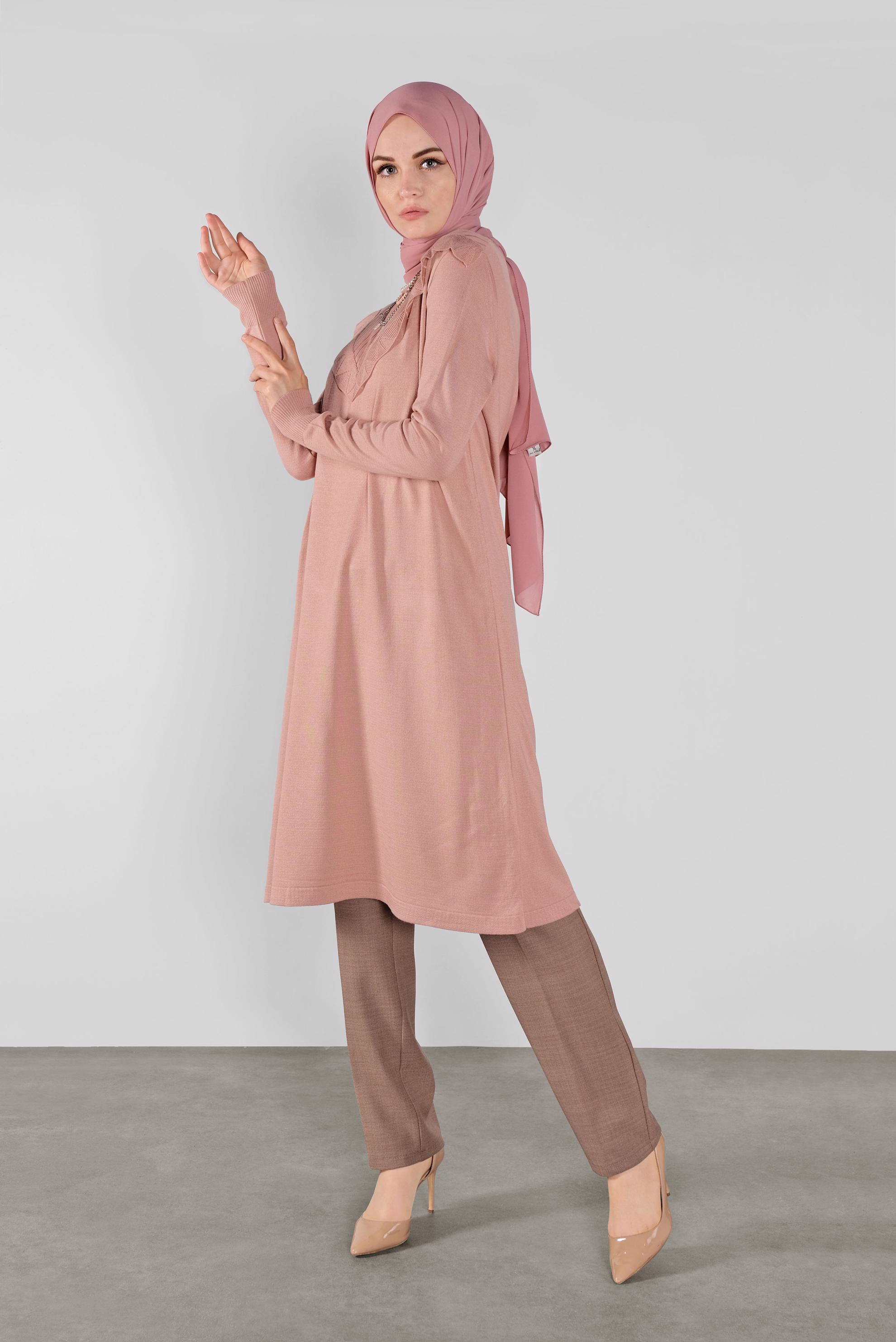 Tesettür giyim PUDRA ROBA FİTİLLİ TRİKO TUNİK 41004 