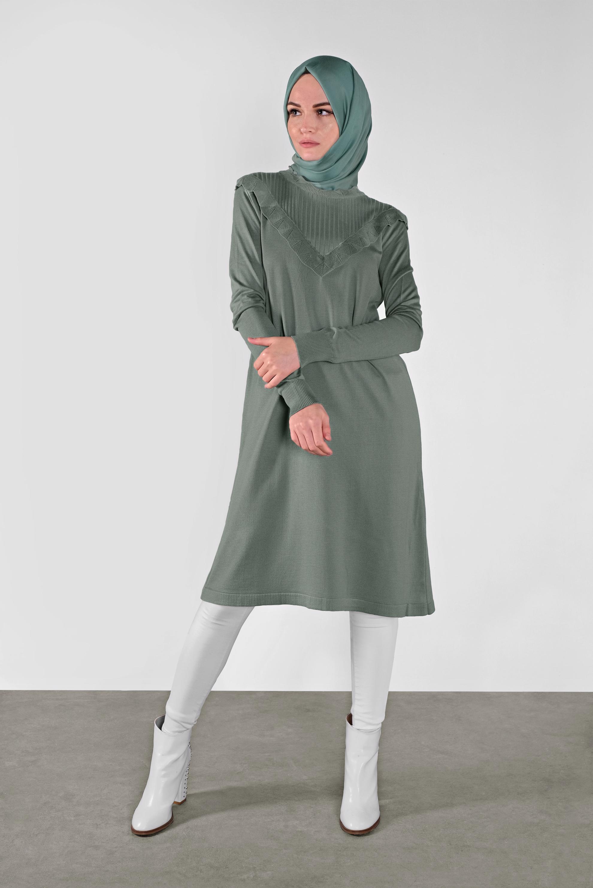 Tesettür giyim YEŞİL ROBA FİTİLLİ TRİKO TUNİK 41004 