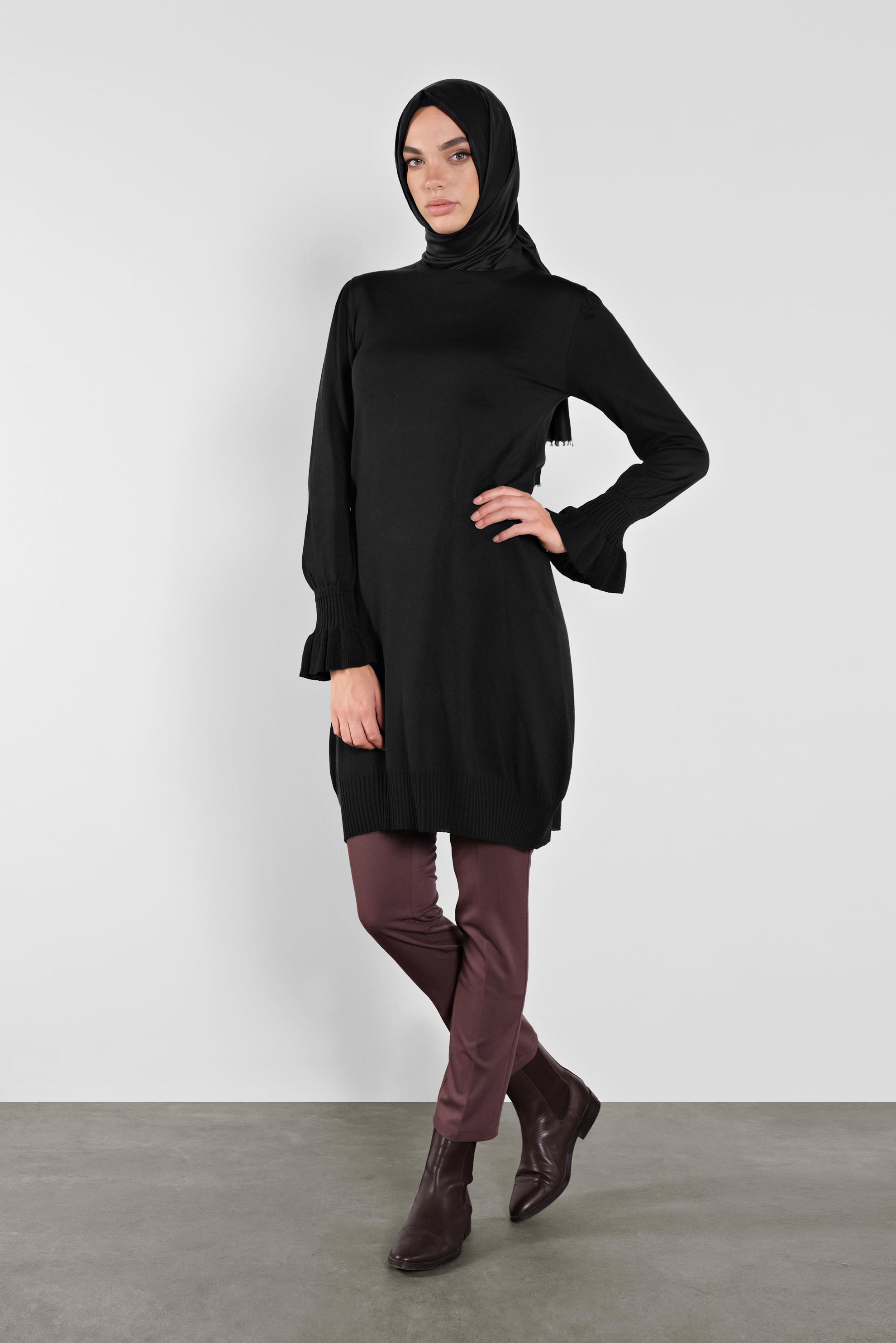 Tesettür giyim SİYAH FIRFIRLI TRİKO TUNİK 41005 