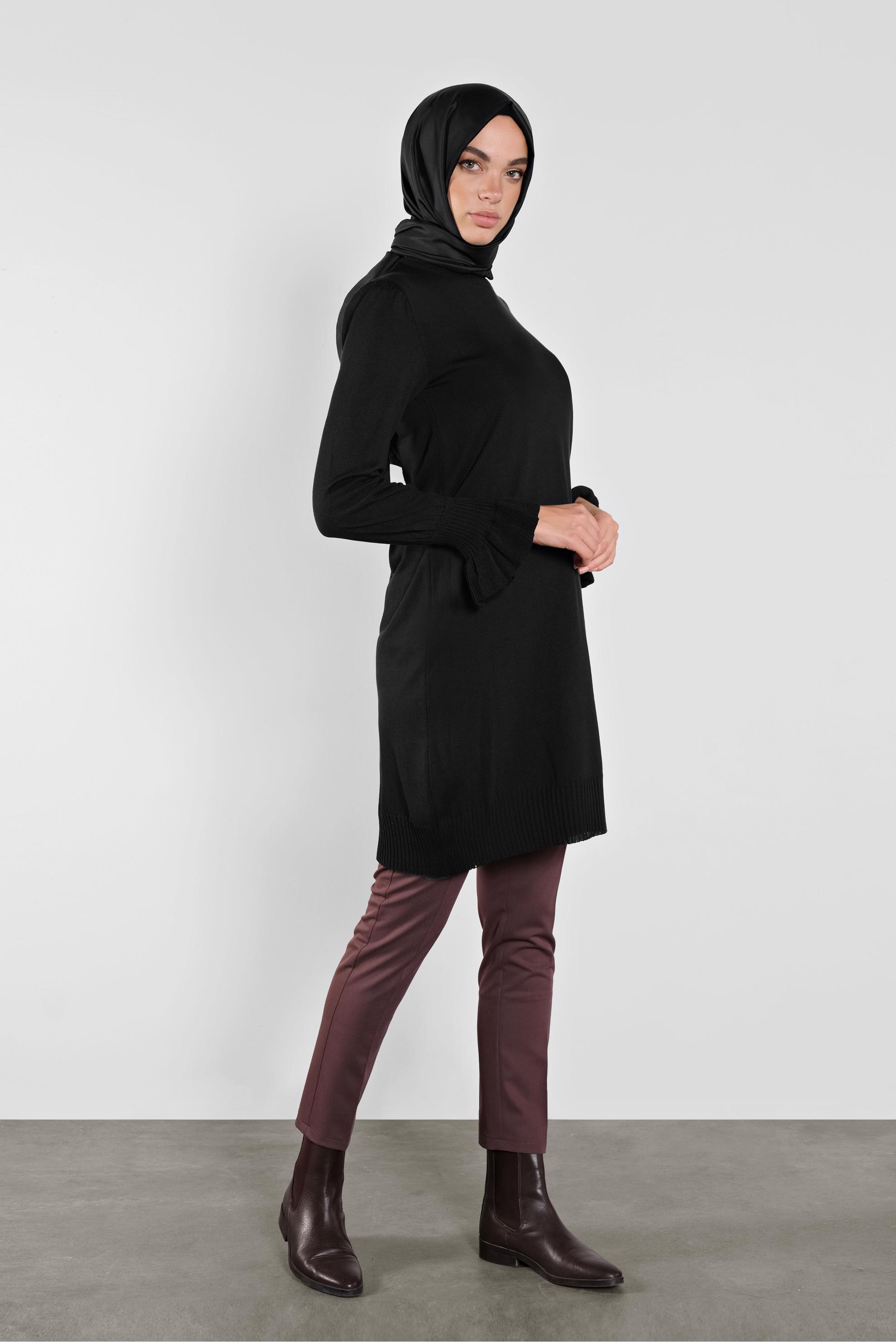 Tesettür giyim SİYAH FIRFIRLI TRİKO TUNİK 41005 