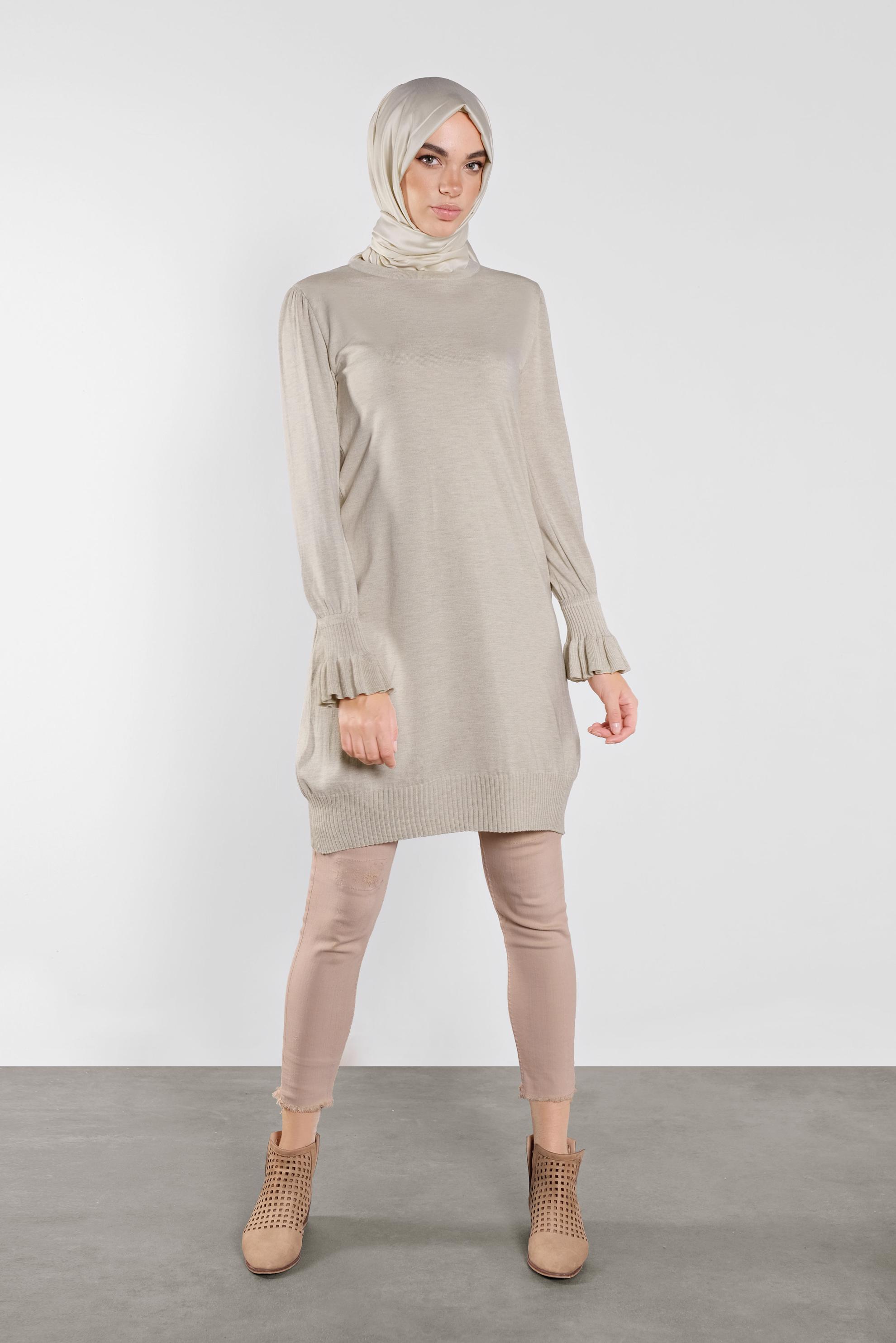 Tesettür giyim BEJ FIRFIRLI TRİKO TUNİK 41005 