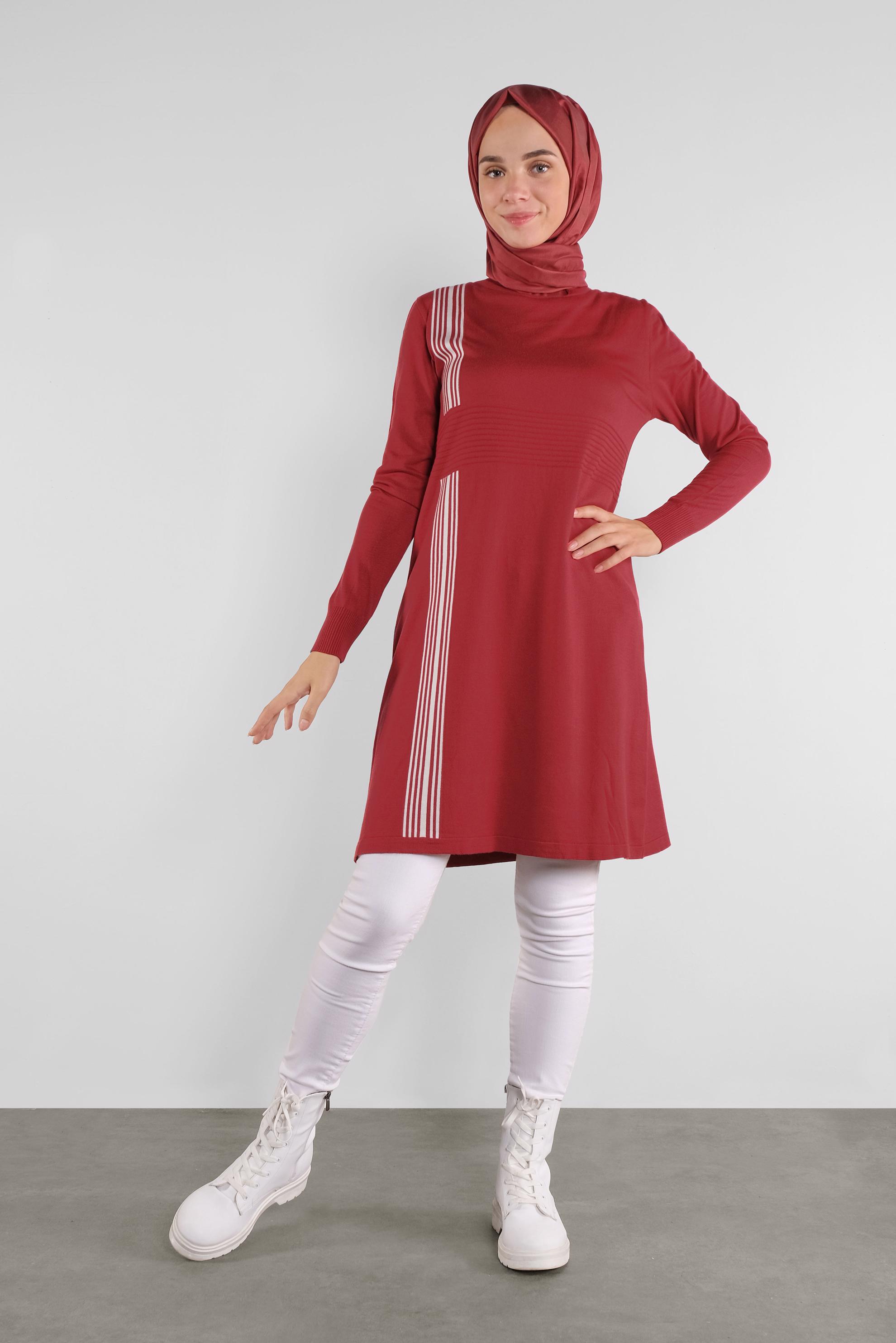 Tesettür giyim KIRMIZI ŞERİT DETAYLI TRİKO TUNİK 41007 
