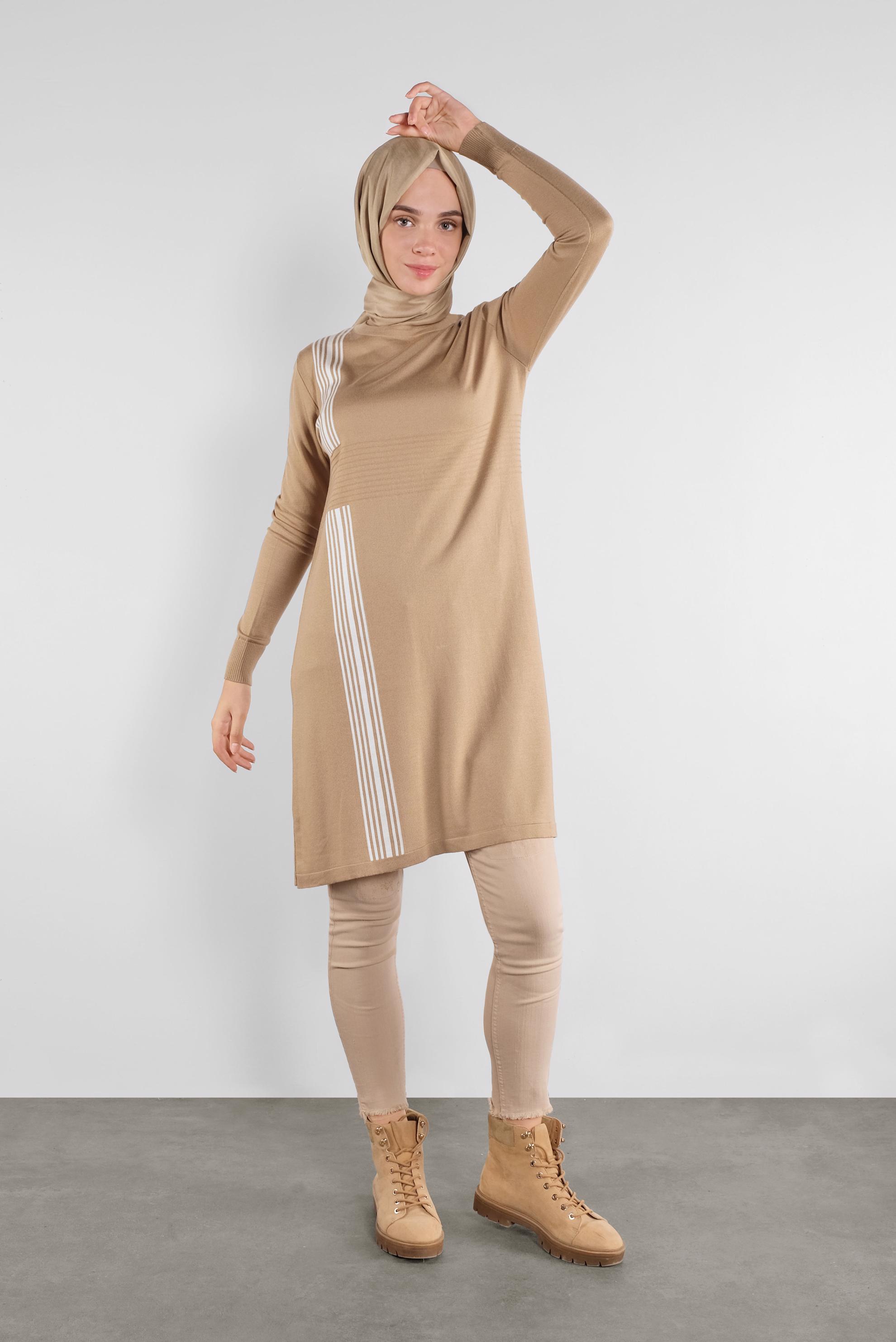 Tesettür giyim KAHVE ŞERİT DETAYLI TRİKO TUNİK 41007 