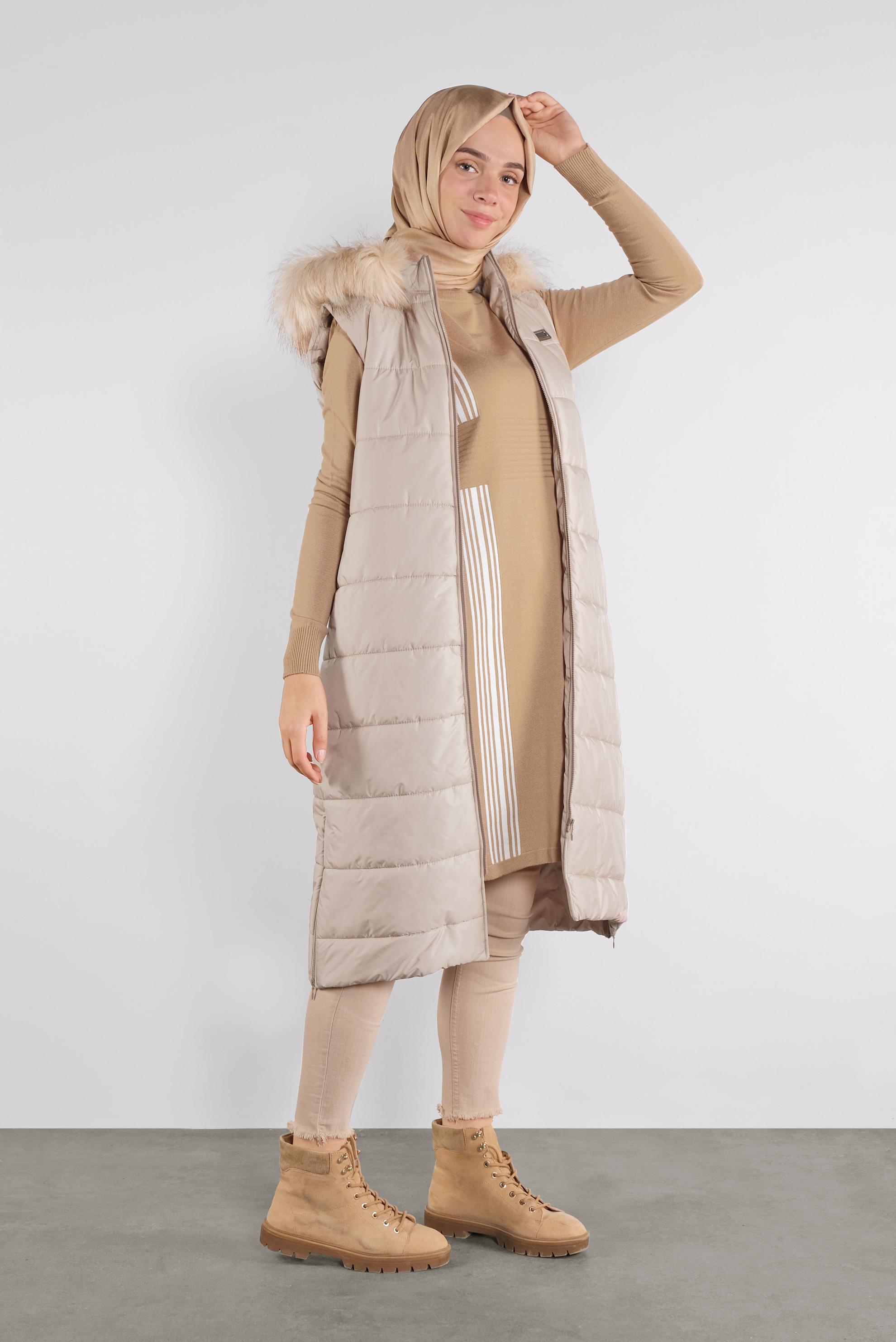 Tesettür giyim KAHVE ŞERİT DETAYLI TRİKO TUNİK 41007 