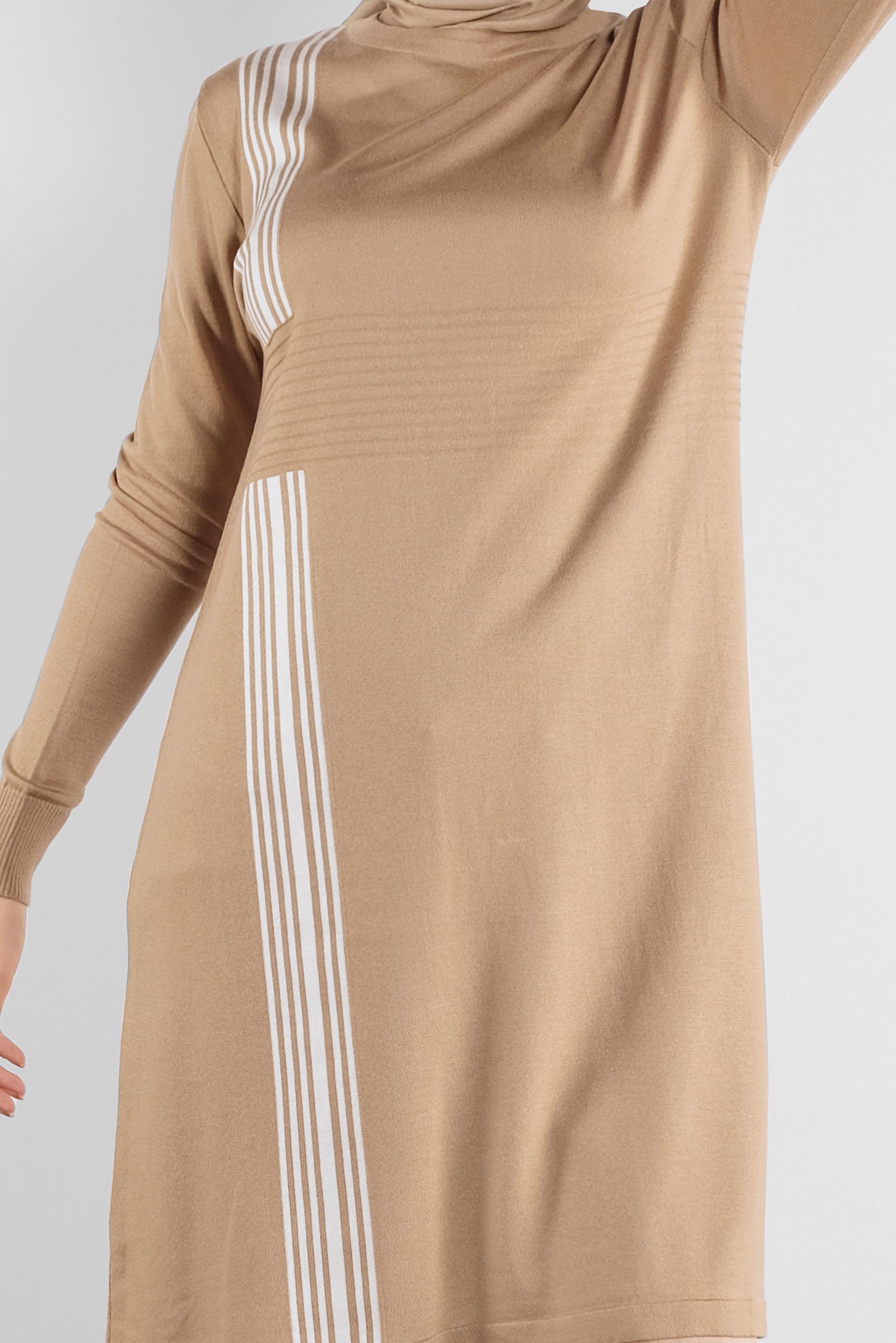 Tesettür giyim KAHVE ŞERİT DETAYLI TRİKO TUNİK 41007 