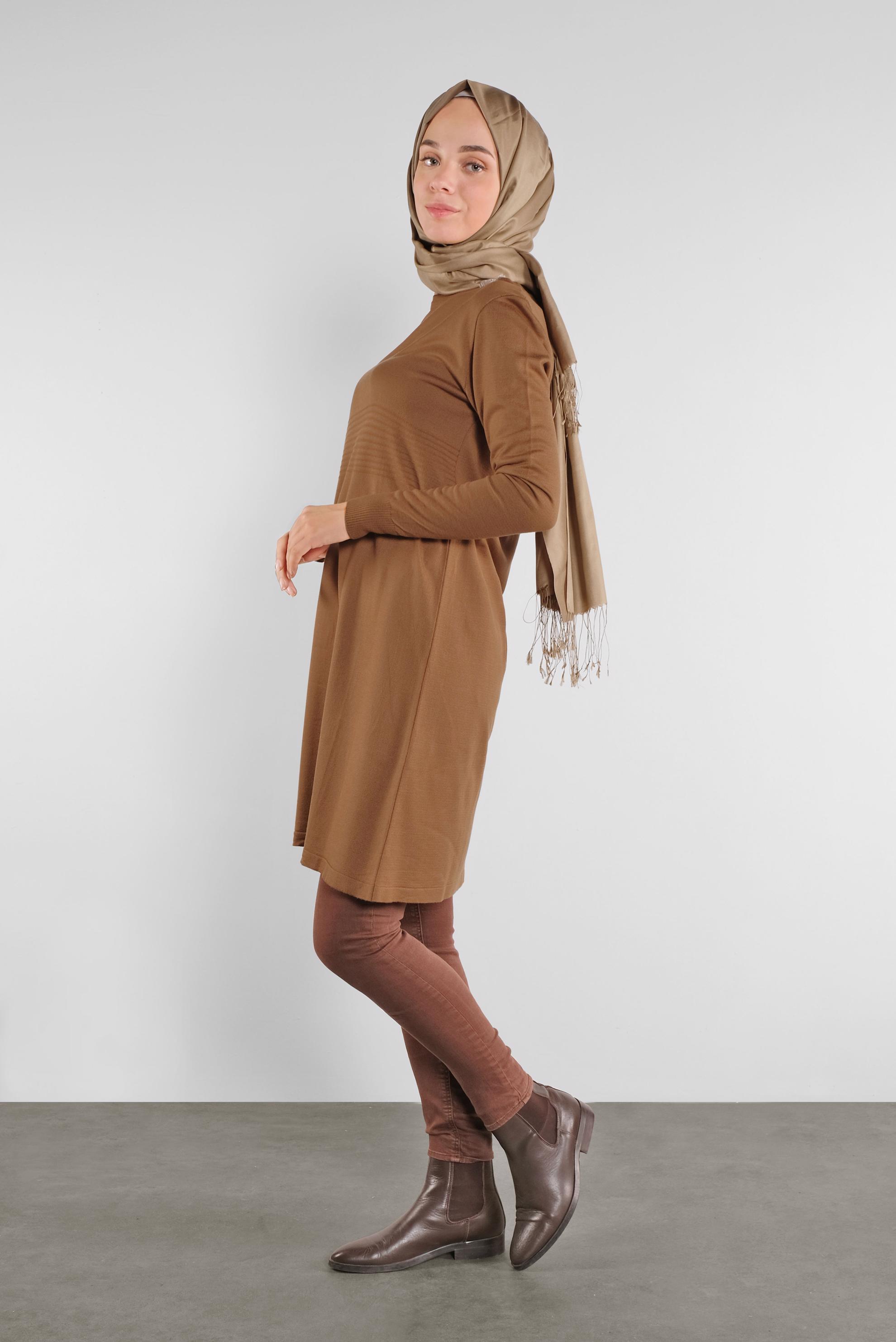 Tesettür giyim TABA ŞERİT DETAYLI TRİKO TUNİK 41007 