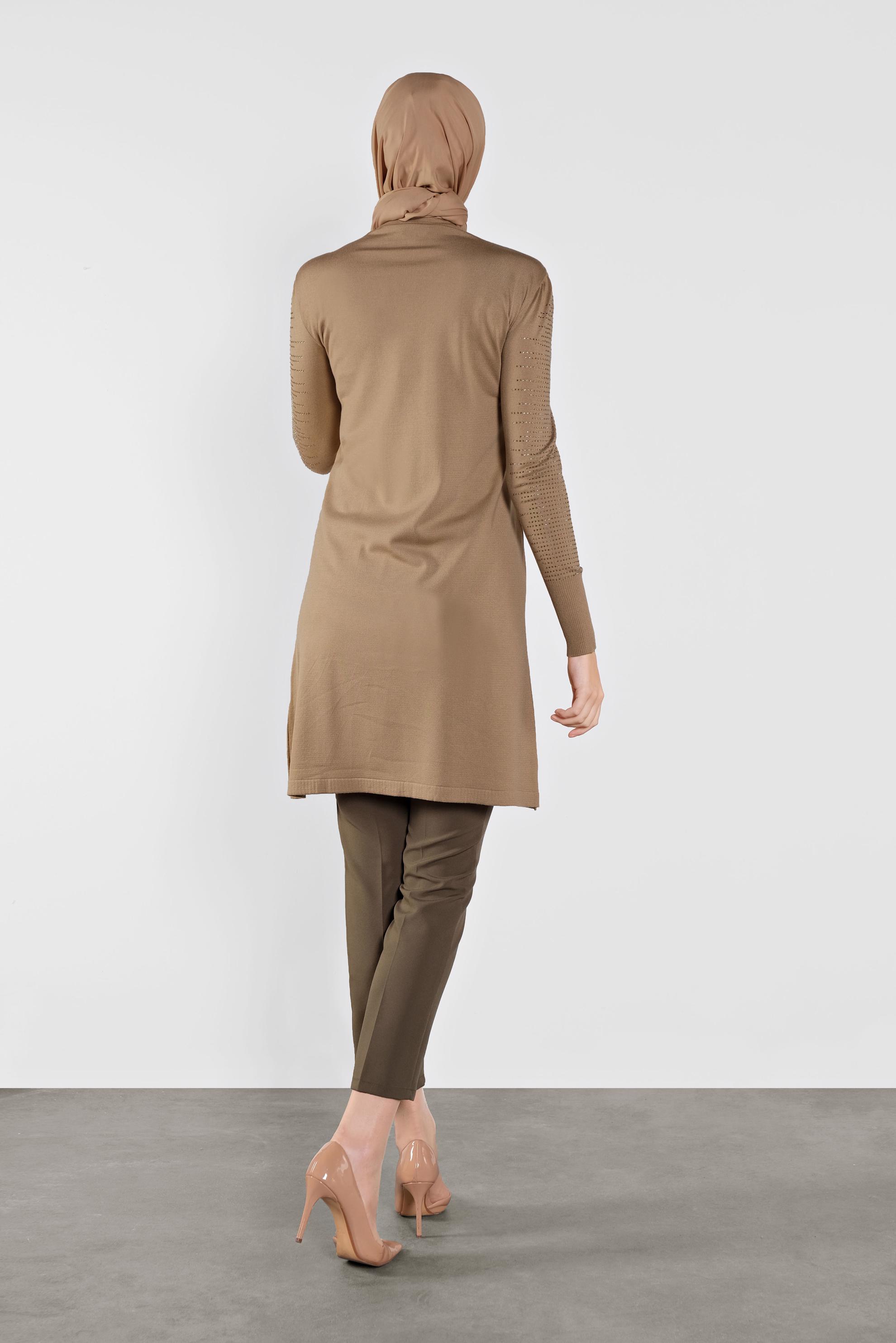 Tesettür giyim KAHVE KOLLARI TAŞ BASKILI TRİKO TUNİK 41009 