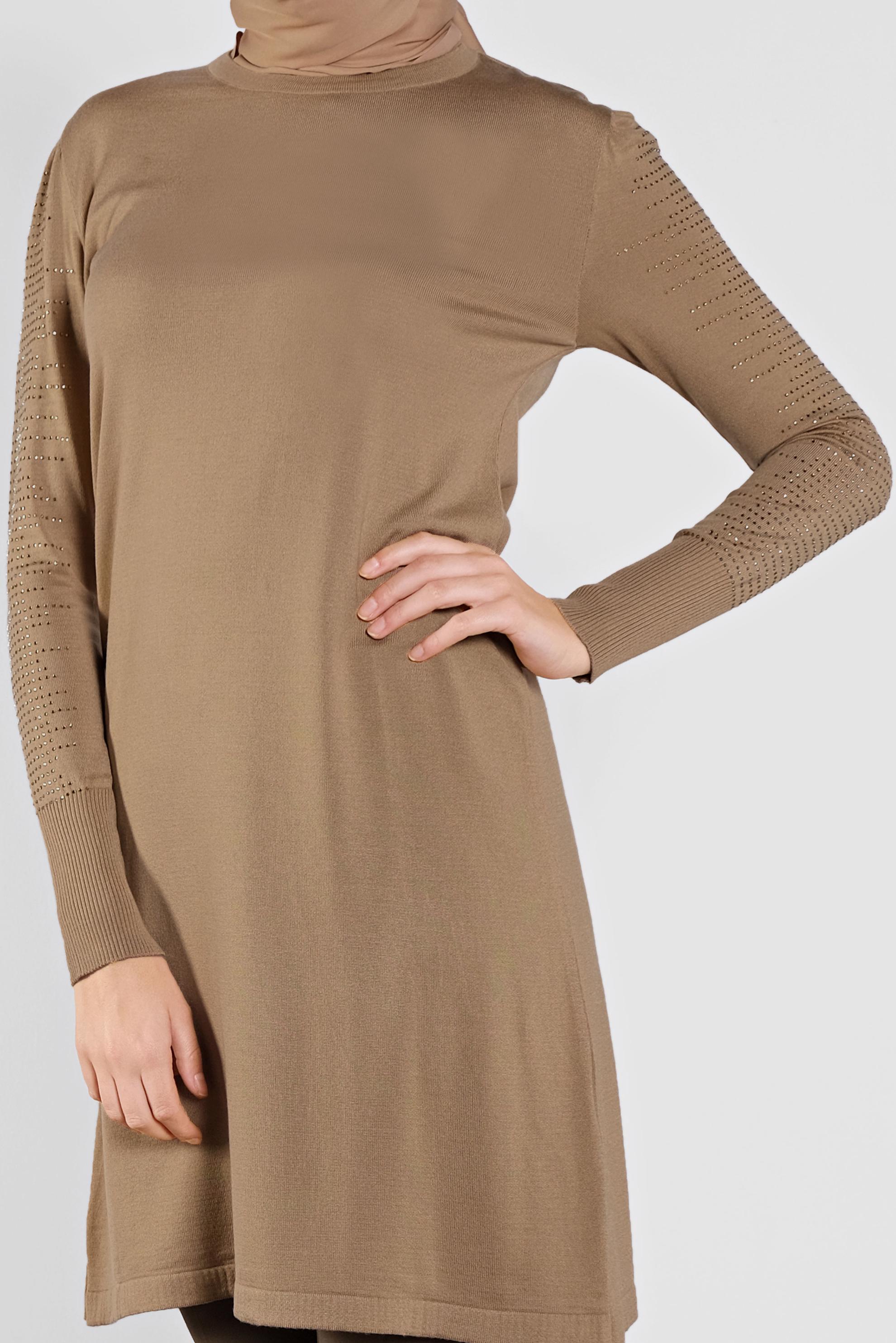 Tesettür giyim KAHVE KOLLARI TAŞ BASKILI TRİKO TUNİK 41009 